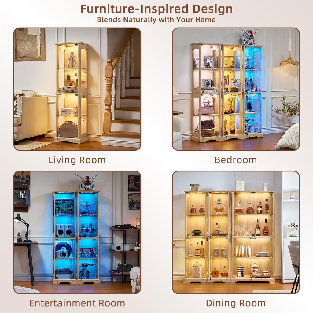 LELELINKY Farmhouse Narrow Glass Display Cabinet with Doors & Lock, Walnut