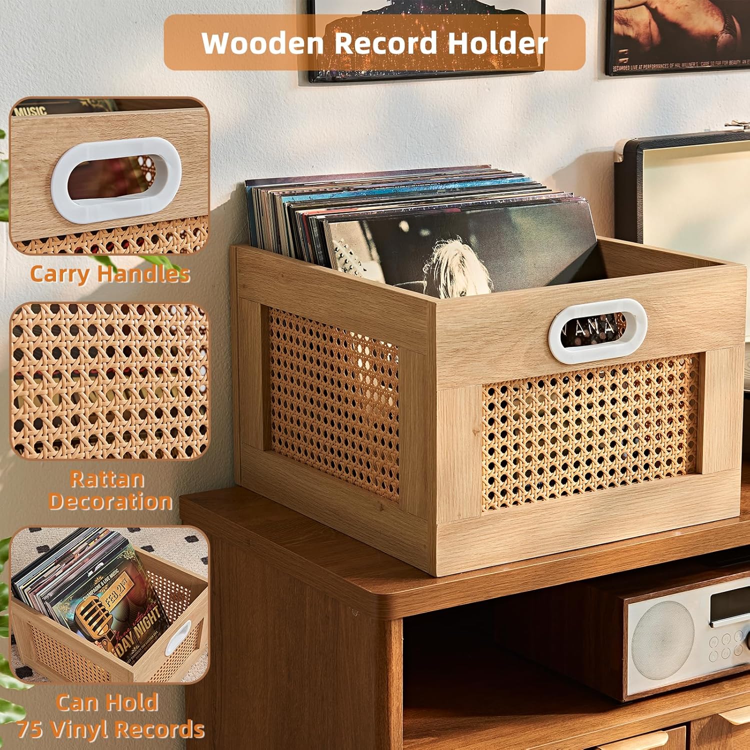 LELELINKY Vinyl Record Storage Crate, Rattan Wooden Record Crate for Vinyls, Vinyl Record Holder with Handle, Multifunctional Records Stand Holder Vinyls Organizer for 75 LPs, Natural