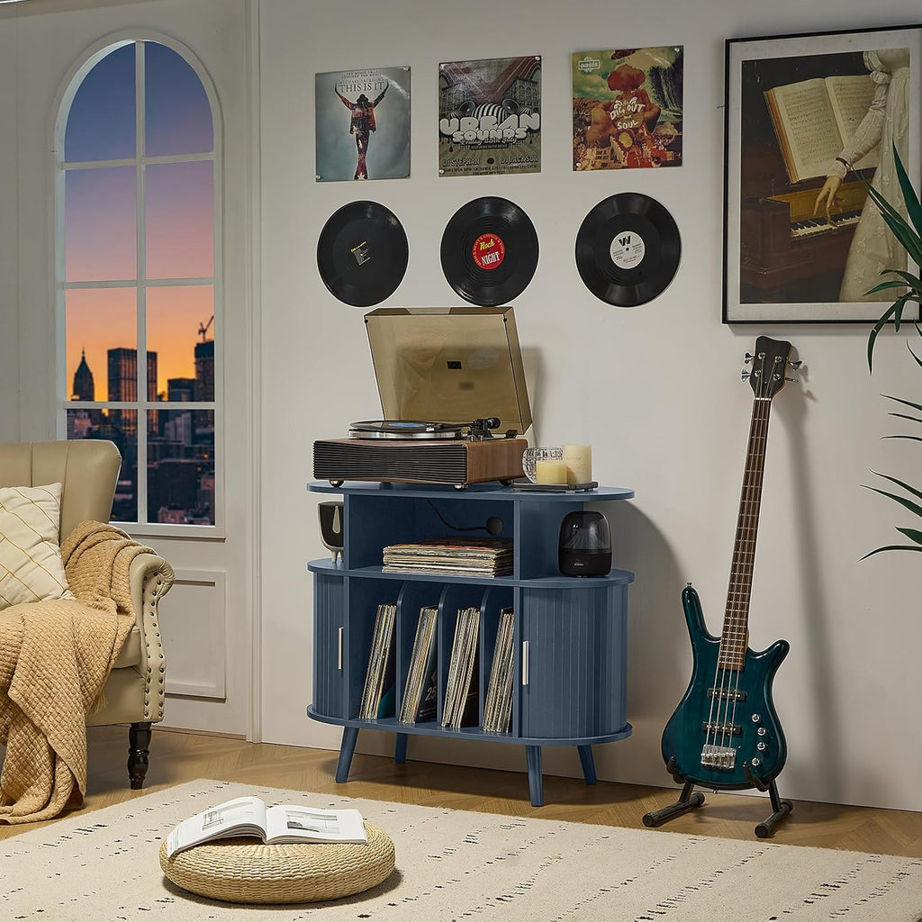 LELELINKY Large Round Record Player Stand with Charging Station & Fluted Display Shelf, Blue Mid Century Modern Turntable Cabinet with Vinyl Storage, Arched Wood Record Player Table for Living Room