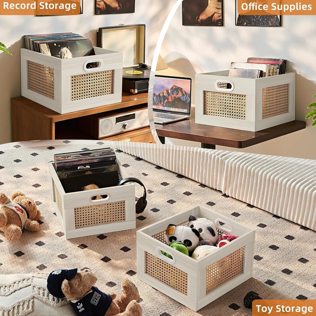 LELELINKY 2 Pack Vinyl Record Storage Crates, Rattan Vinyl Record Holder