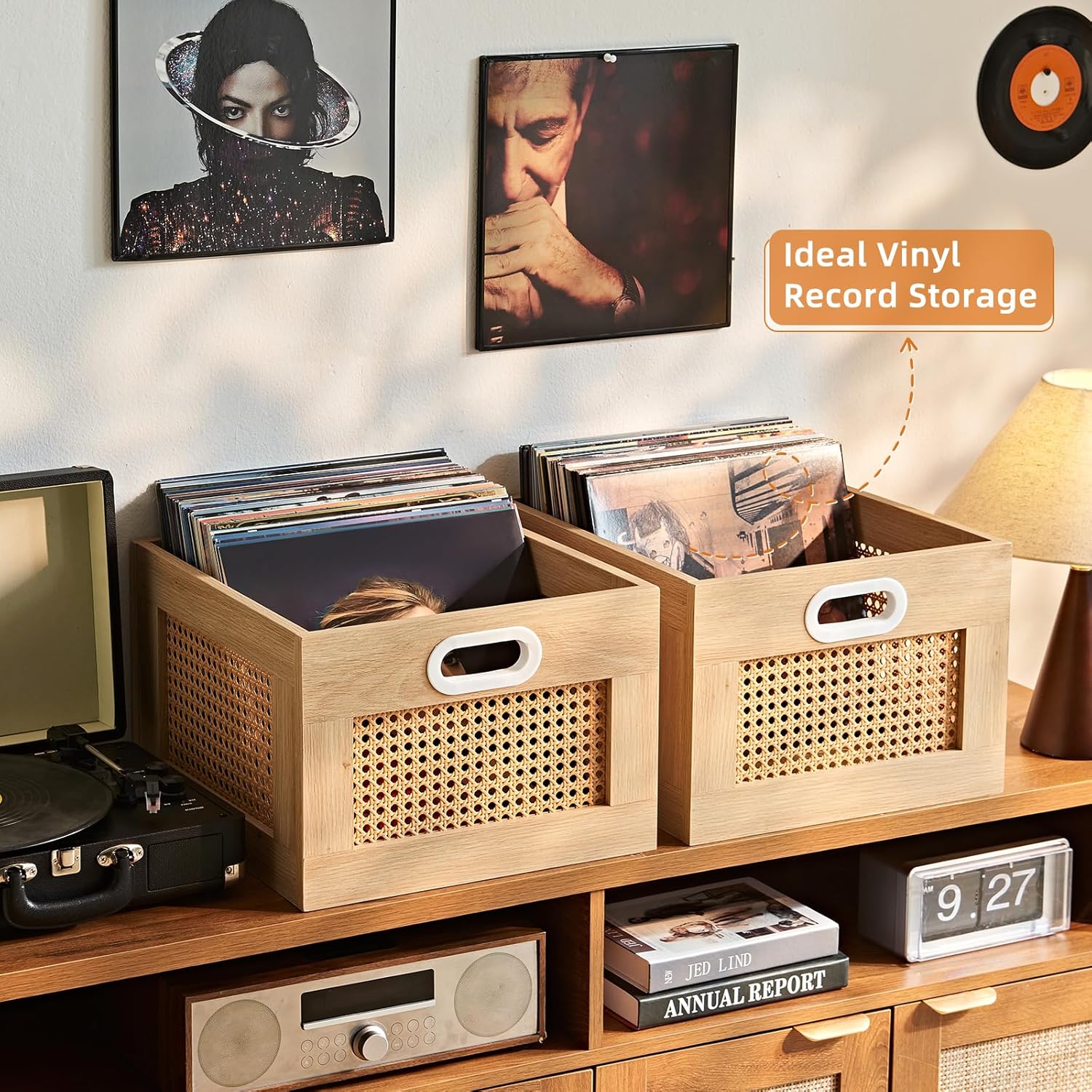 LELELINKY Vinyl Record Storage Crate, Rattan Wooden Record Crate for Vinyls, Vinyl Record Holder with Handle, Multifunctional Records Stand Holder Vinyls Organizer for 75 LPs, Natural
