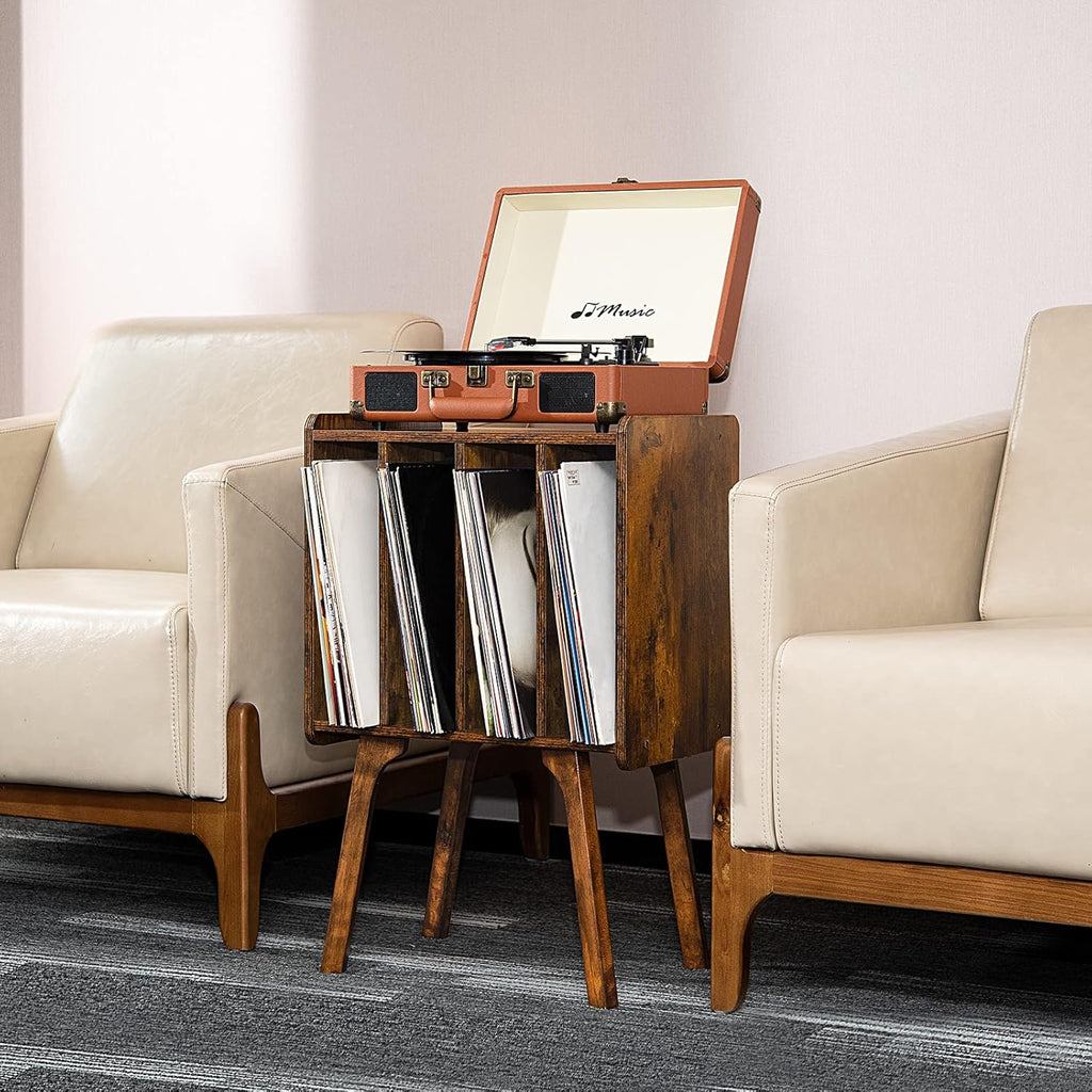 LELELINKY Small Record Player Stand - Width 11.7 in, Brown Vinyl Record Storage Table with 4 Cabinet Up to 80 Albums, Vinyl Holder with Wood Legs,Turntable Stand Display Shelf for Bedroom Living Room