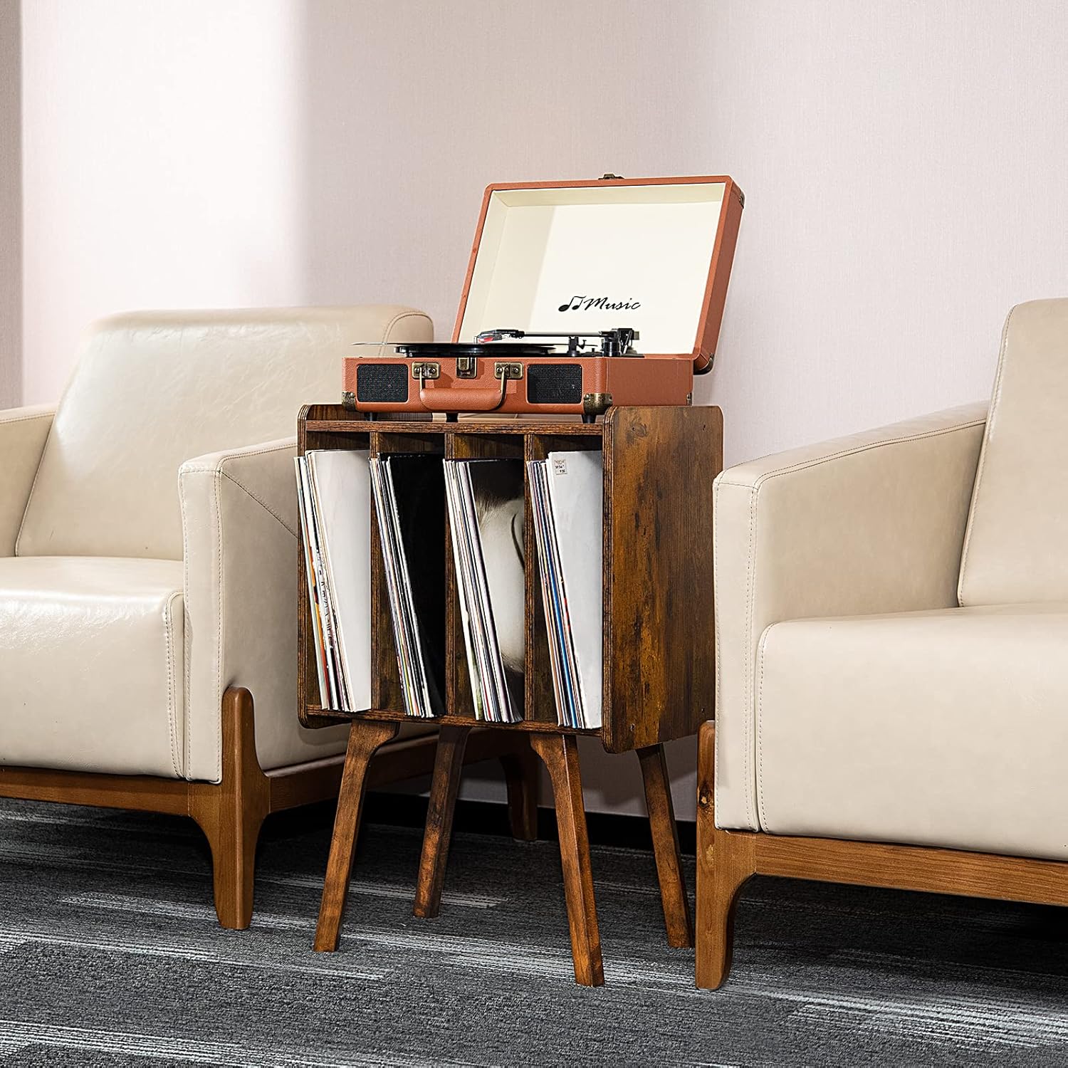 LELELINKY Small Record Player Stand - Width 11.7 in, Brown Vinyl Record Storage Table with 4 Cabinet Up to 80 Albums, Vinyl Holder with Wood Legs,Turntable Stand Display Shelf for Bedroom Living Room