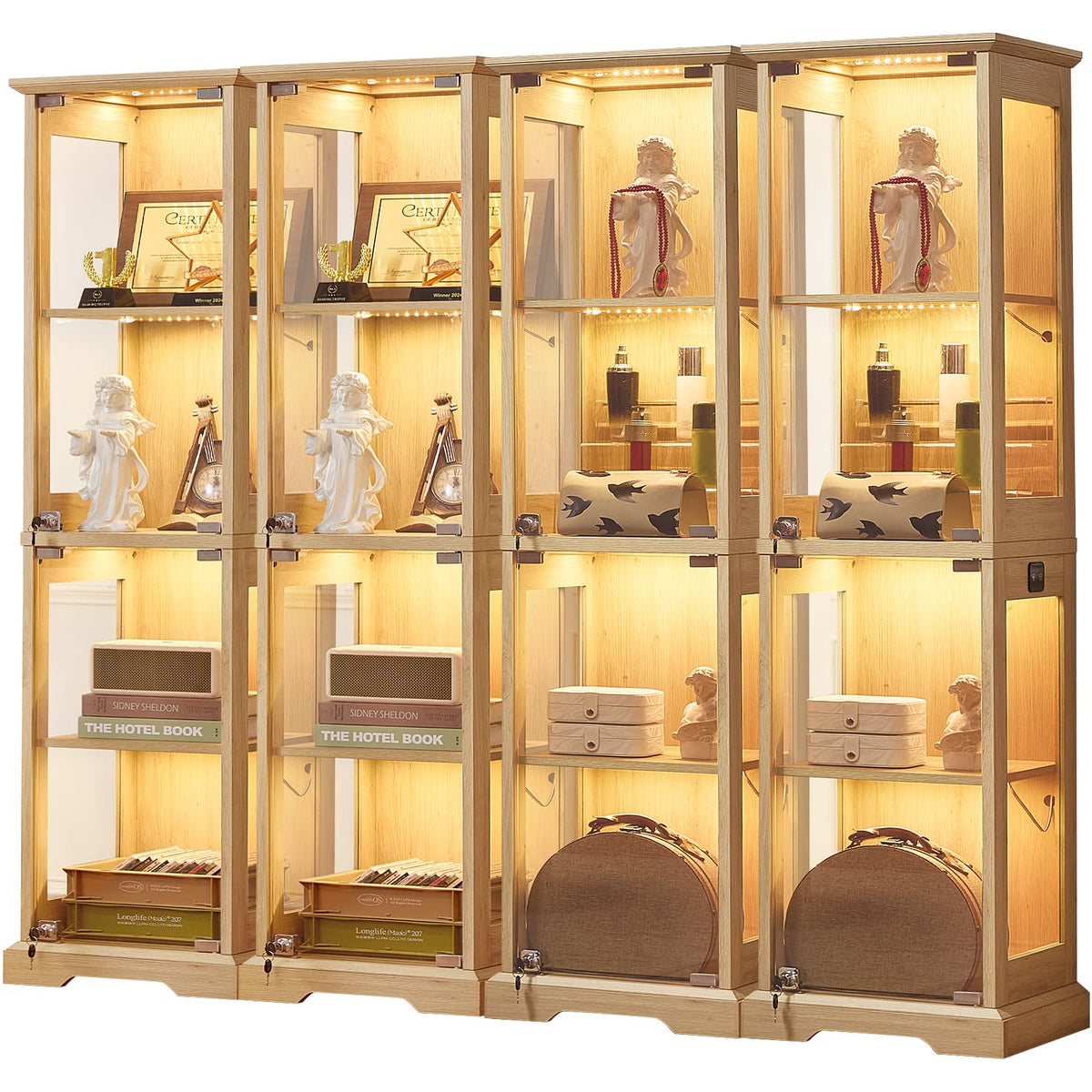 LELELINKY Farmhouse Narrow Glass Display Cabinet with Doors & Lock, Walnut