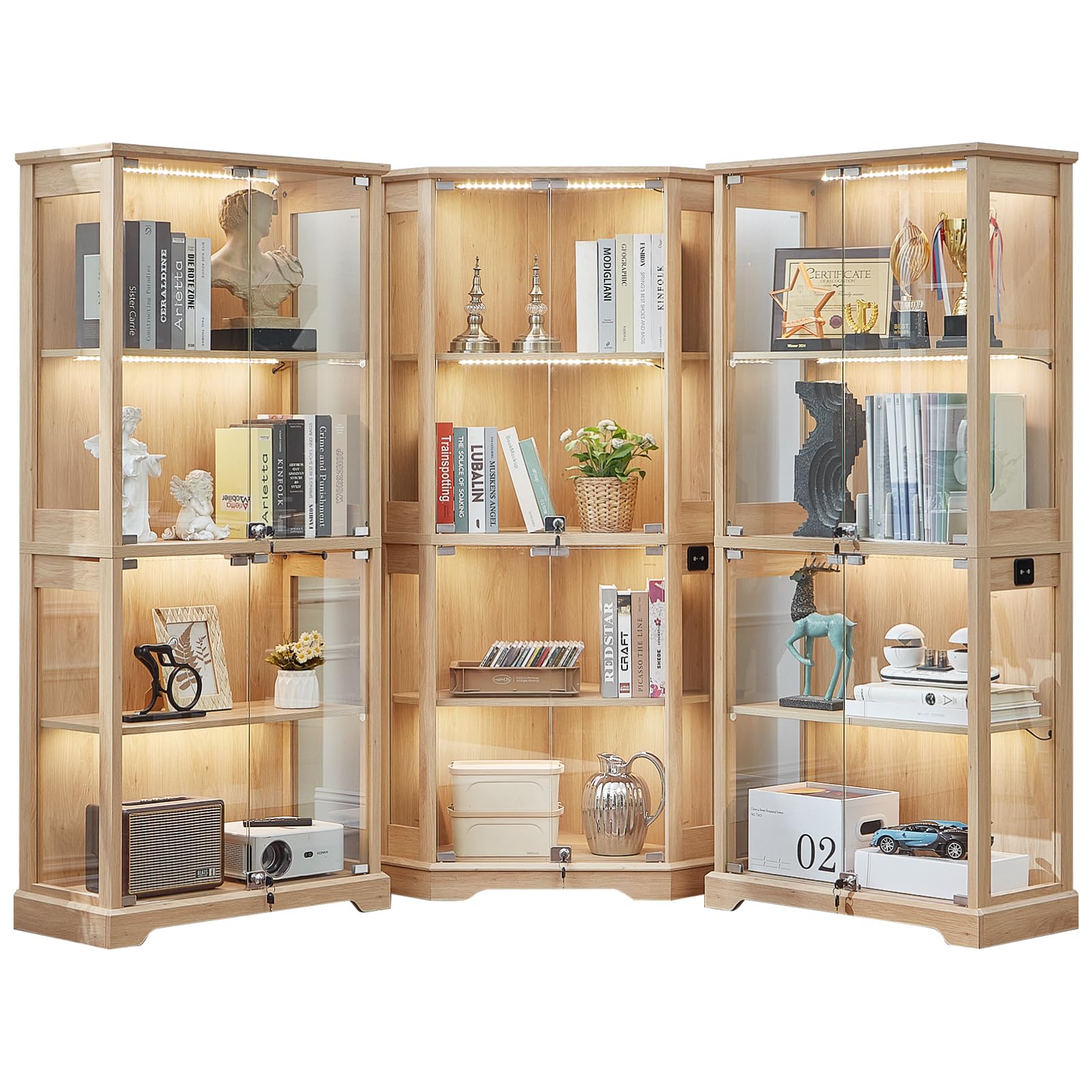 LELELINKY Farmhouse Corner Display Cabinet with Glass Doors, Corner Curio Cabinet with 3-Color LED Motion-Sensor Light, Walnut
