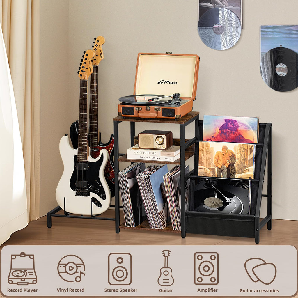 LELELINKY Record Player Stand, Black Adjustable Guitar Stand for Acoustic Guitar, Electric Guitar, Bass, Turntable Stand with Vinyl Display Shelf Storage Up to 150 Albums, End Table for Music Room