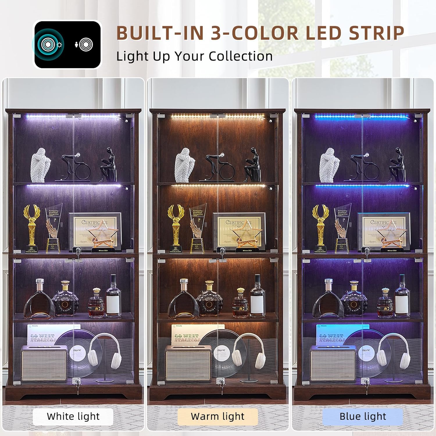 LELELINKY Farmhouse Display Cabinet with Glass Doors, Curio Cabinet with 3-Color LED Motion-Sensor Light, Walnut