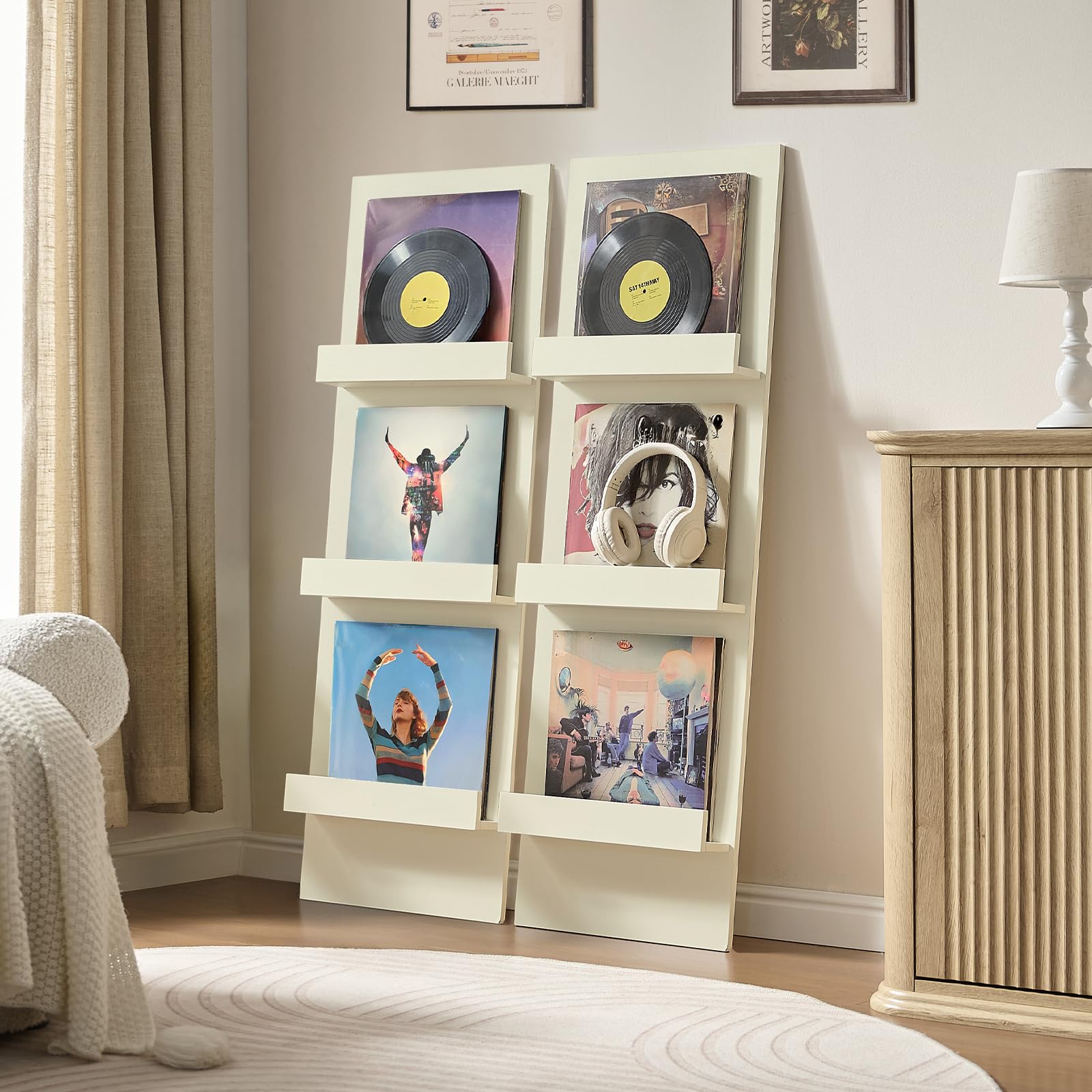 LELELINKY Wall Mount Vinyl Record Holder with 3 Tier Display Area, 47.5'' Tall Record Storage Magazine Holder, Book Shelf Holder Holds Up to 15 Vinyls Albums/CD for Music Room, Living Room, Black