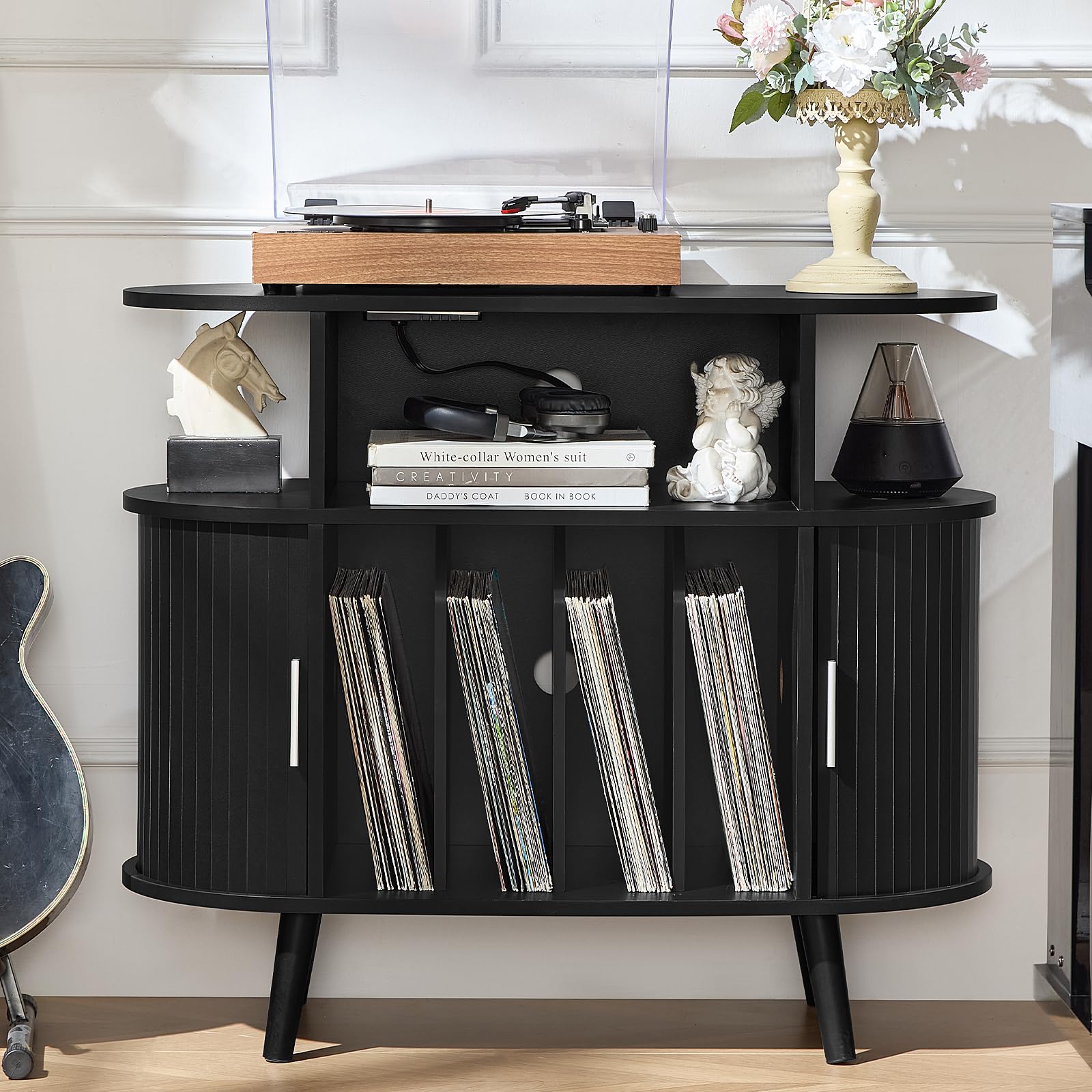 LELELINKY Large Round Record Player Stand with Charging Station & Fluted Panel, Blue Mid Century Modern Turntable Cabinet with Vinyl Storage, Arched Wood Record Player Table for Living Room