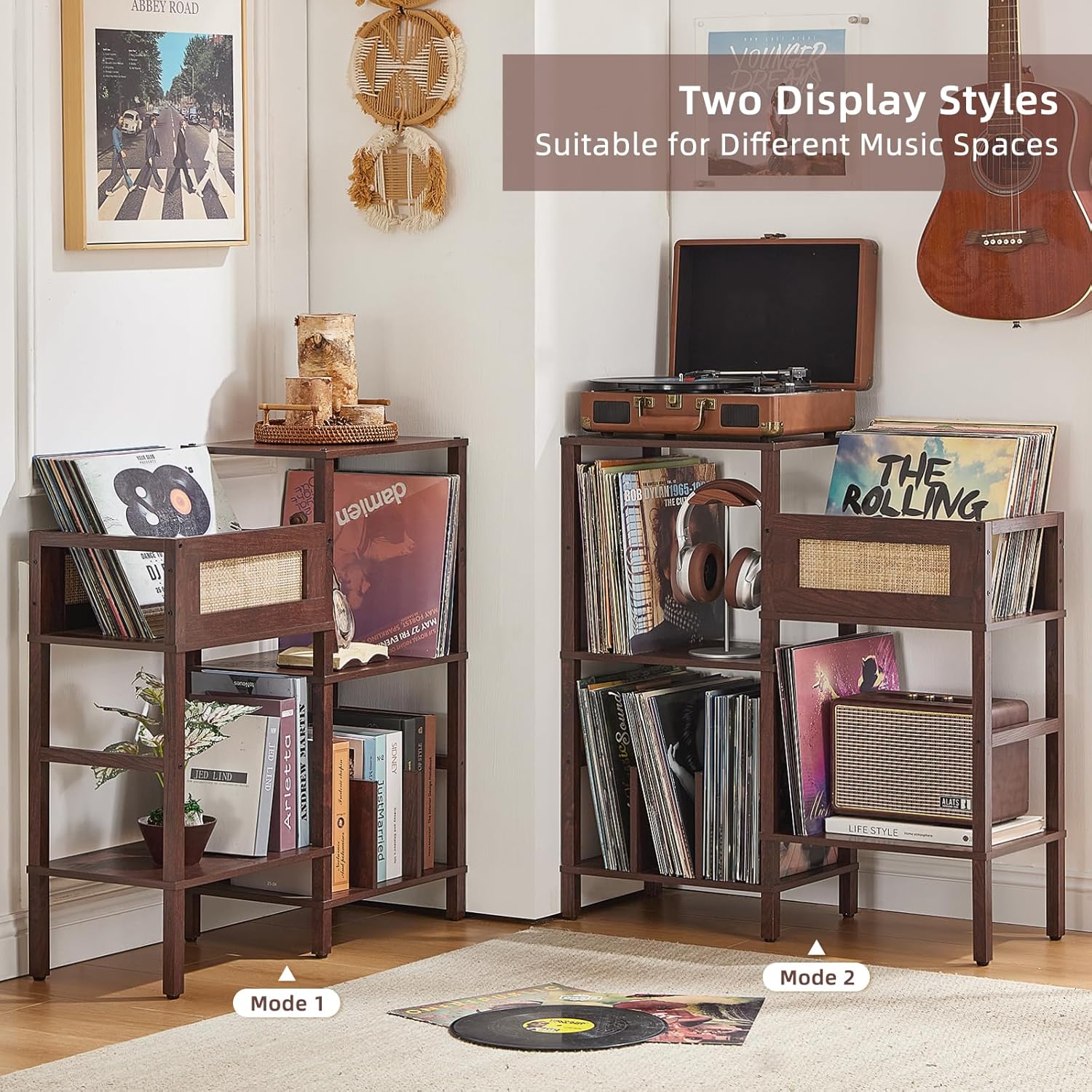 LELELINKY Record Player Stand, Vintage Walnut Wood Record Holder with Vinyl Storage Holds up to 300+ Albums, 3-Tier Rattan Media Table with Vinyl Display Shelf, Record Storage Cabinet for Living Room