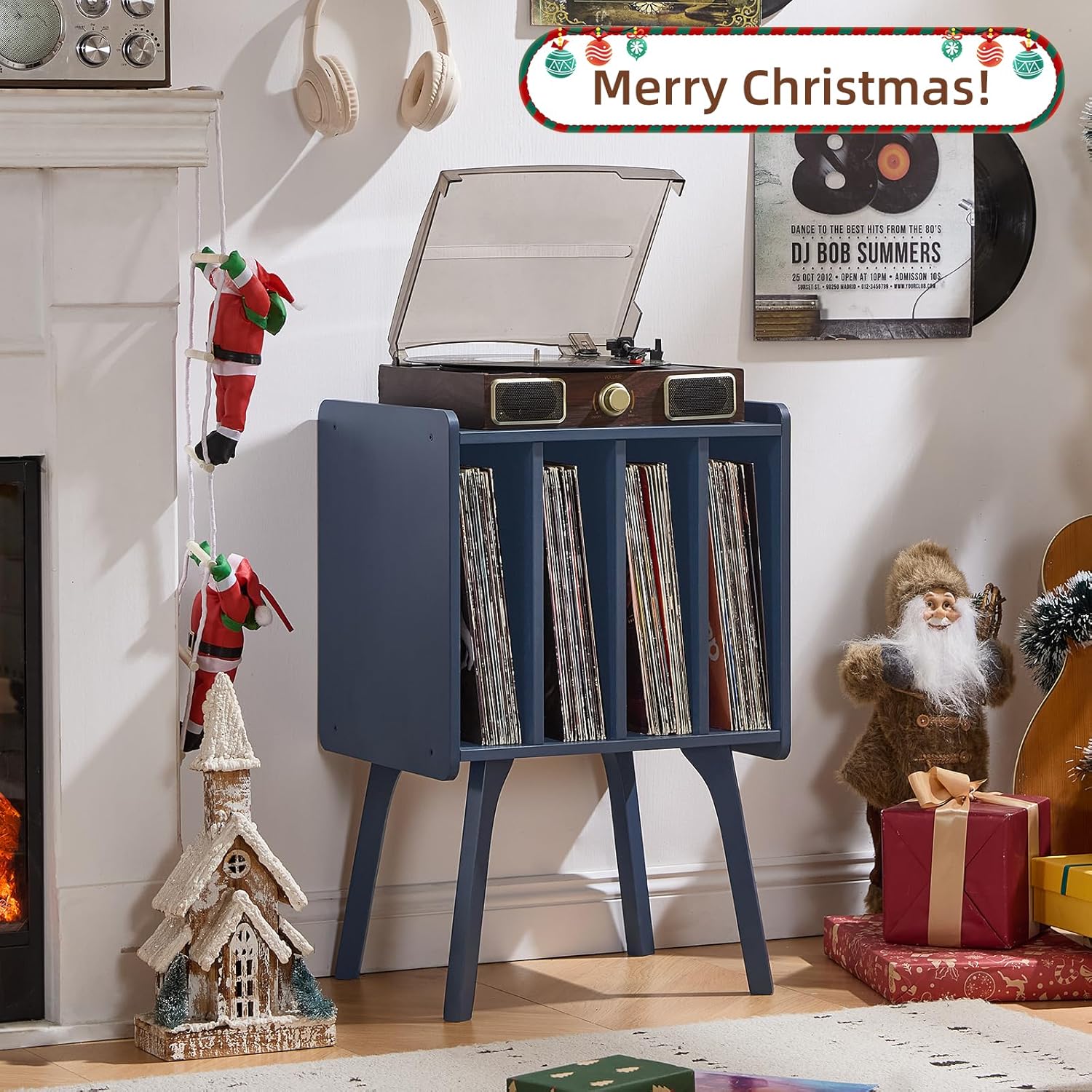LELELINKY Small Record Player Stand - Width 11.7 in, Blue Vinyl Record Storage Table with 4 Cabinet Up to 80 Albums, Vinyl Holder with Wood Legs,Turntable Stand Display Shelf for Bedroom Living Room