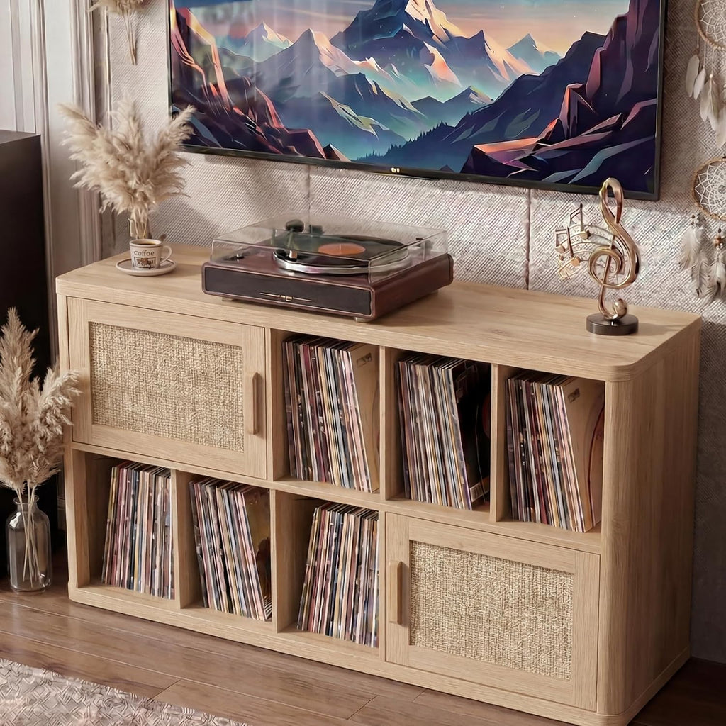 LELELINKY Large Record Player Stand - 39.5" Record Cabinet with Open Vinyl Storage Holds up to 400 Albums, Bohemian Vinyl Player Table with Rattan Doors, Turntable Stand for Living Room, Natural Oak