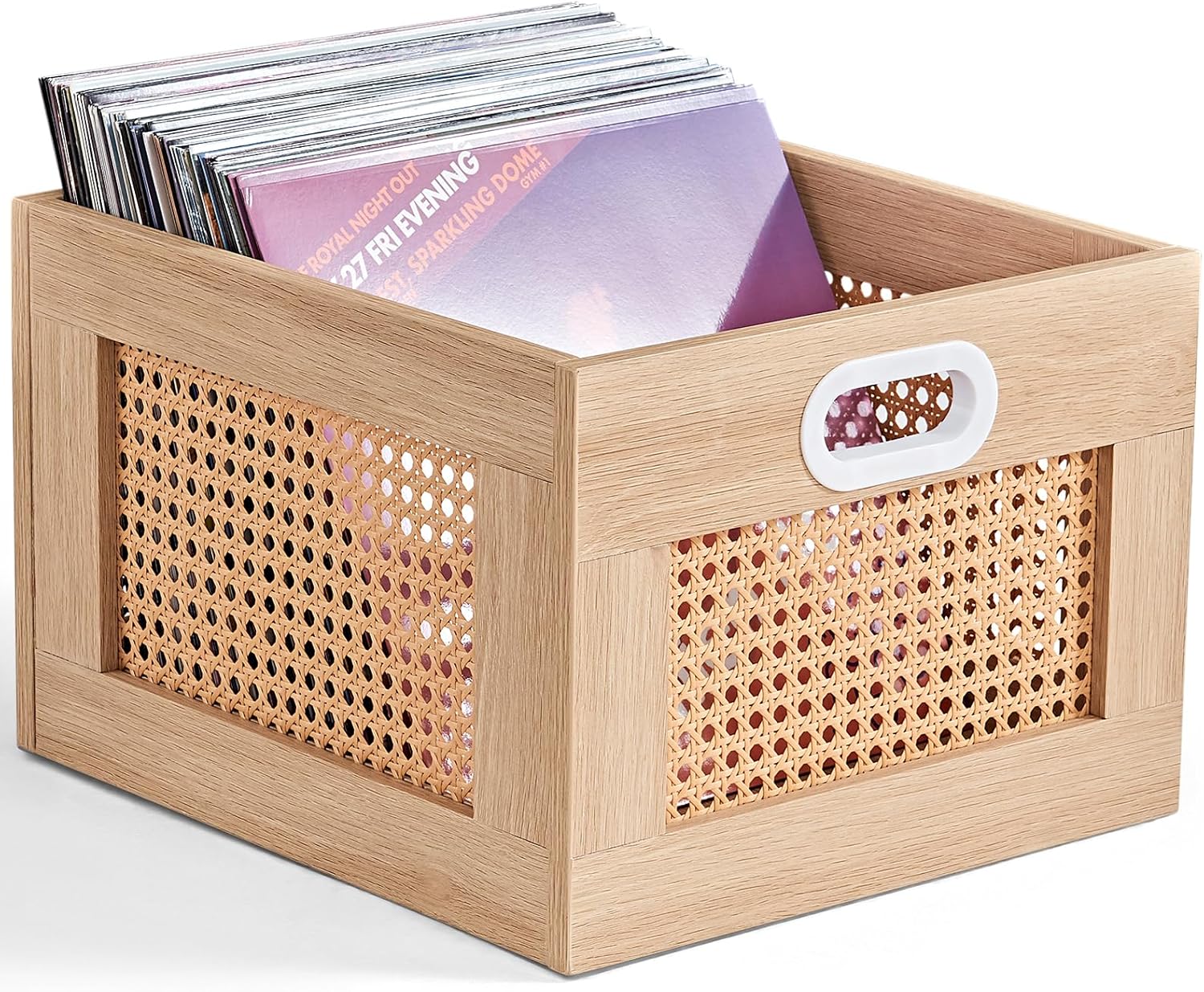 LELELINKY Vinyl Record Storage Crate, Rattan Wooden Record Crate for Vinyls, Vinyl Record Holder with Handle, Multifunctional Records Stand Holder Vinyls Organizer for 75 LPs, Natural