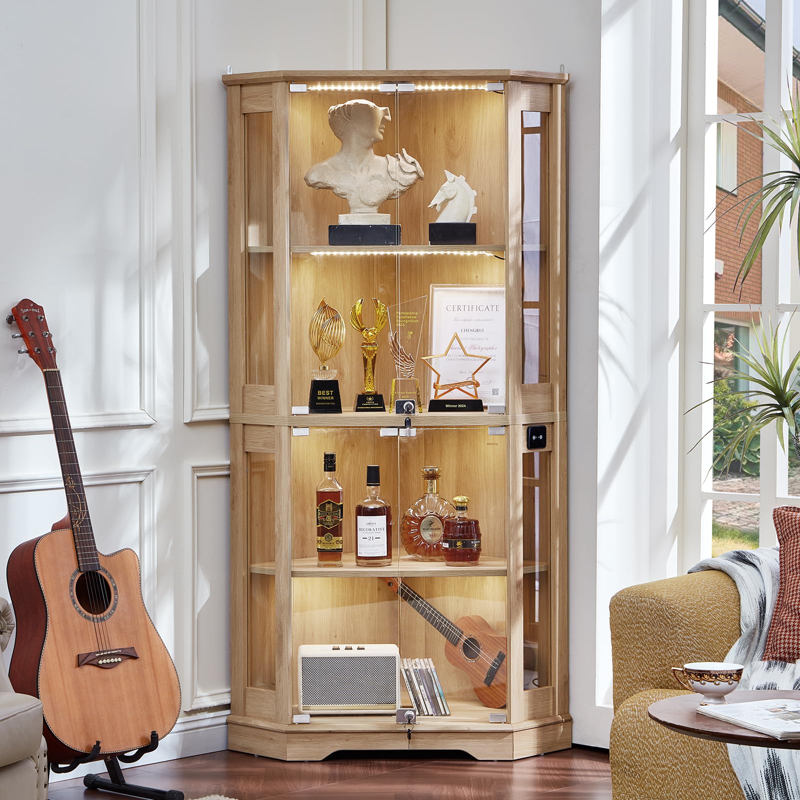 LELELINKY Farmhouse Corner Display Cabinet with Glass Doors, Corner Curio Cabinet with 3-Color LED Motion-Sensor Light, Walnut