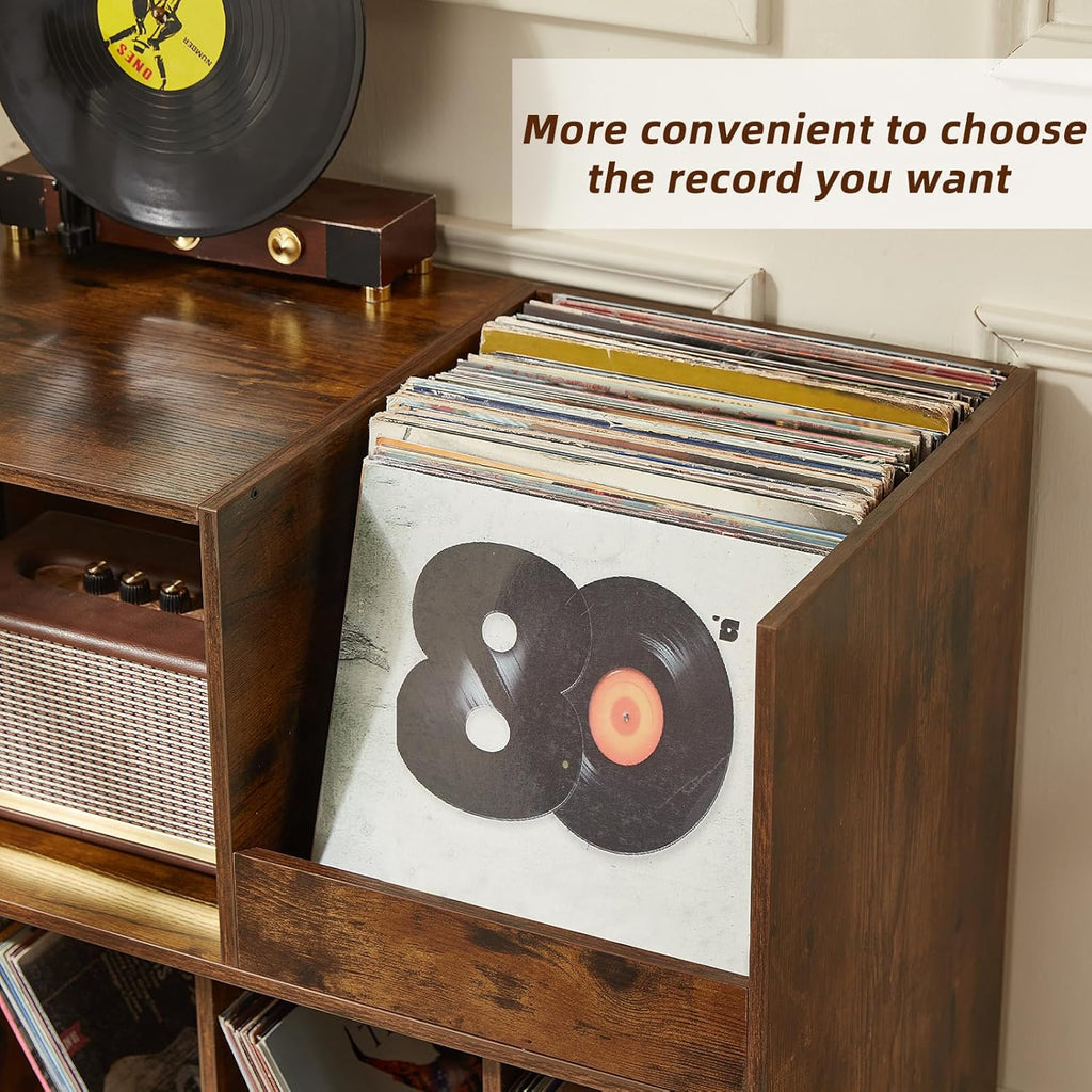 LELELINKY Large Record Player Stand, Turntable Stand with Storage, Vinyl Record Holder with Display Area, Record Player Table Holds Up to 300 Albums, Record Stand for Music Room Living Room-Brown