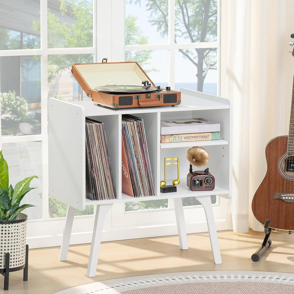 LELELINKY Record Player Stand,Vinyl Record Storage Table with 4 Cabinet Up to 120 Albums,Mid-Century Turntable Stand with Wood Legs,White Vinyl Holder Display Shelf for Bedroom Living Room