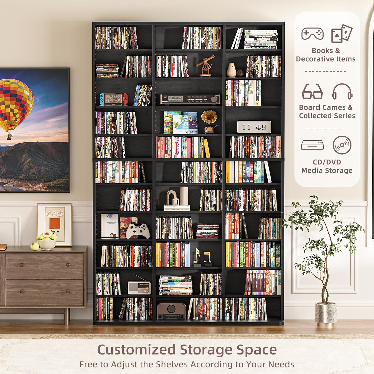 LELELINKY 11 Tier Tall Display Cabinet, Black Media Storage Cabinet