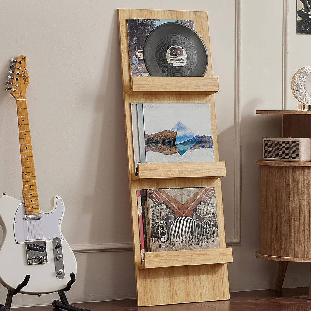 LELELINKY Wall Mount Vinyl Record Holder with 3 Tier Display Shelf, 47.5'' Tall Record Storage Magazine Holder, Book Shelf Holder Holds Up to 15 Vinyls Albums/CD for Living Room, Concert Hall, Natural