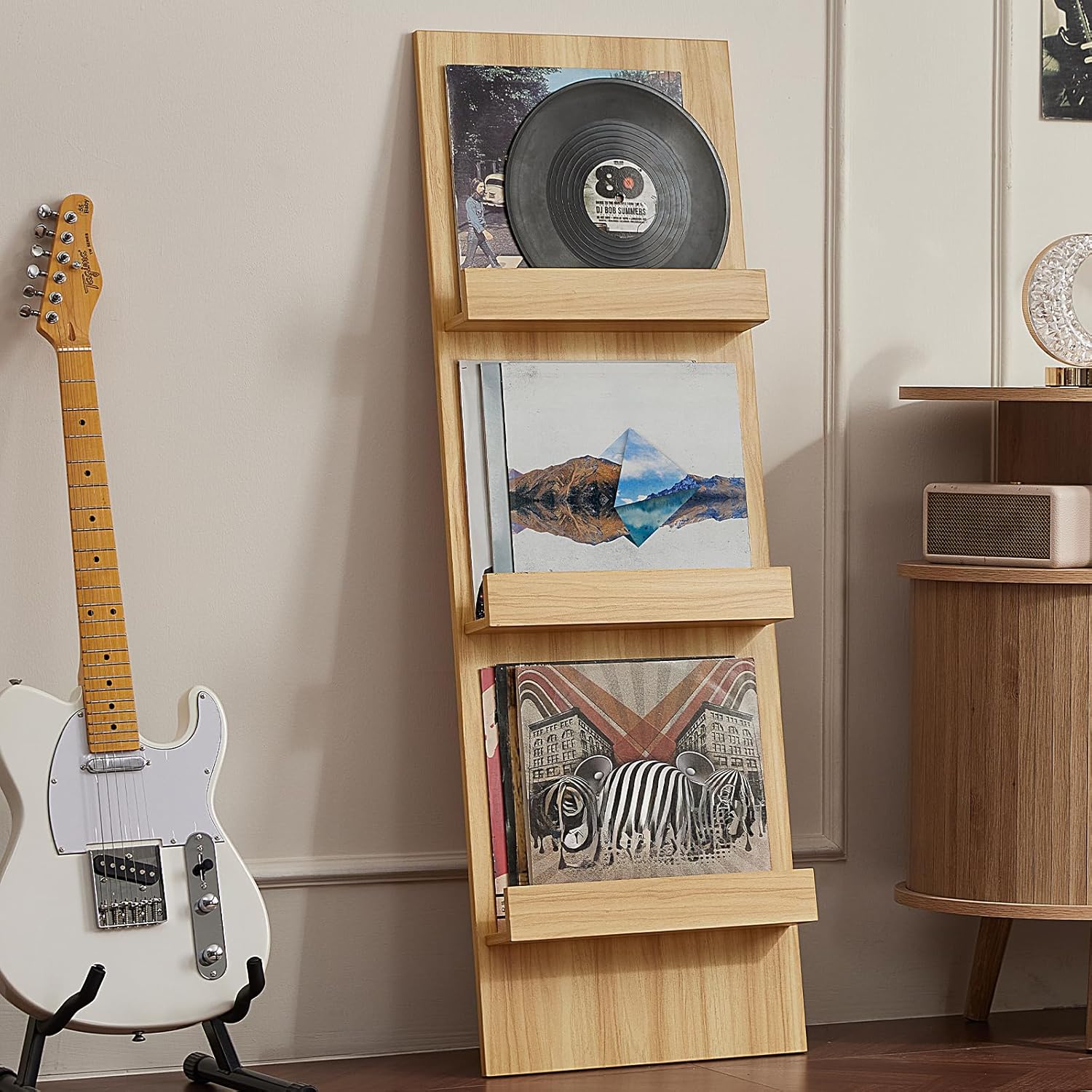 LELELINKY Wall Mount Vinyl Record Holder with 3 Tier Display Shelf, 47.5'' Tall Record Storage Magazine Holder, Book Shelf Holder Holds Up to 15 Vinyls Albums/CD for Living Room, Concert Hall, Natural