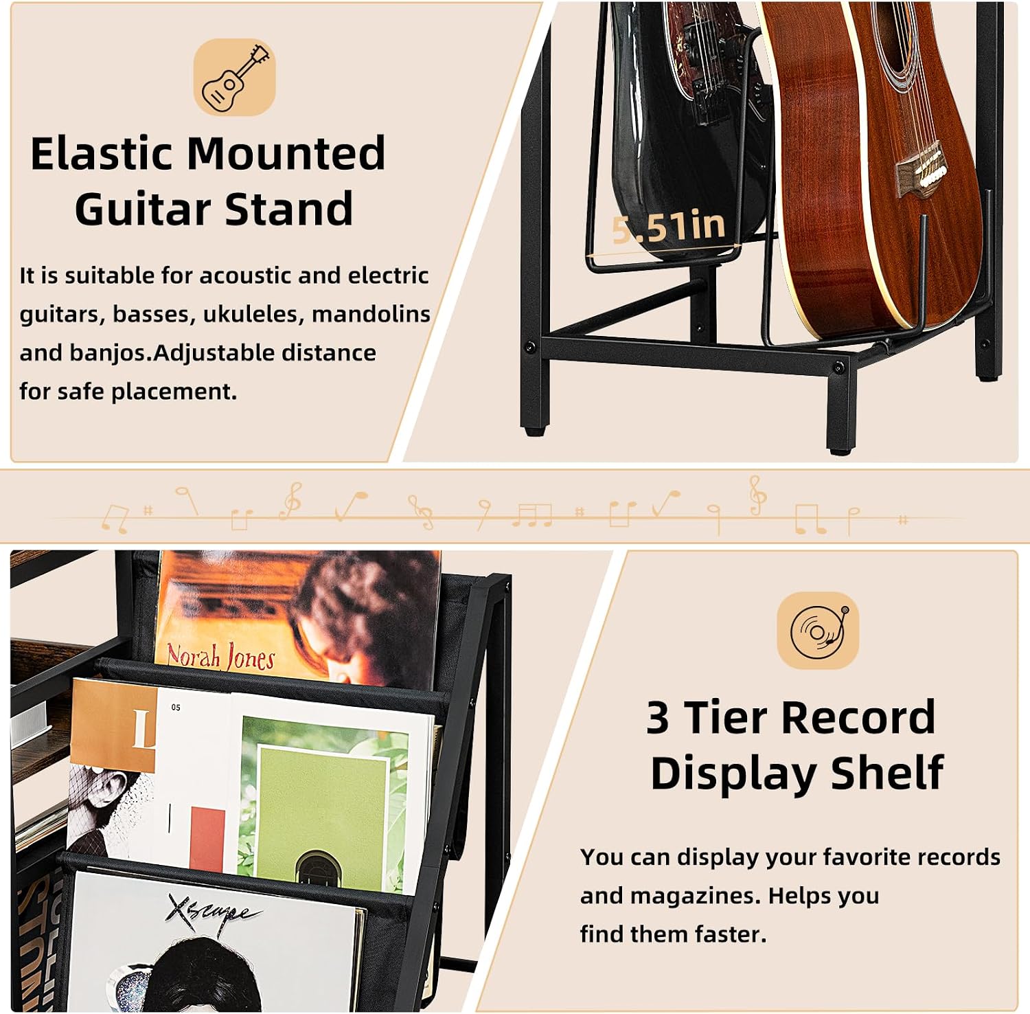 LELELINKY Record Player Stand, Black Adjustable Guitar Stand for Acoustic Guitar, Electric Guitar, Bass, Turntable Stand with Vinyl Display Shelf Storage Up to 150 Albums, End Table for Music Room