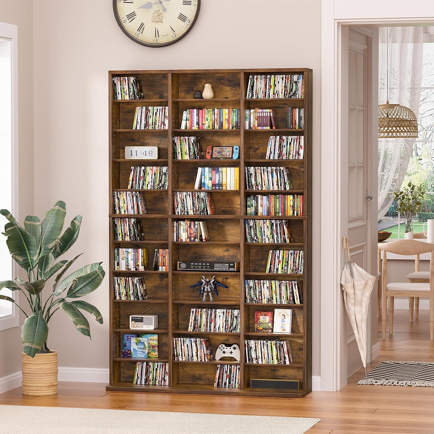 LELELINKY 11 Tier Tall Display Cabinet, Media Storage Cabinet with Adjustable Shelves, Free Standing DVD Organizer Shelf, Floor Multimedia Storage Manga Bookshelf for Living Room & Home Office, Brown