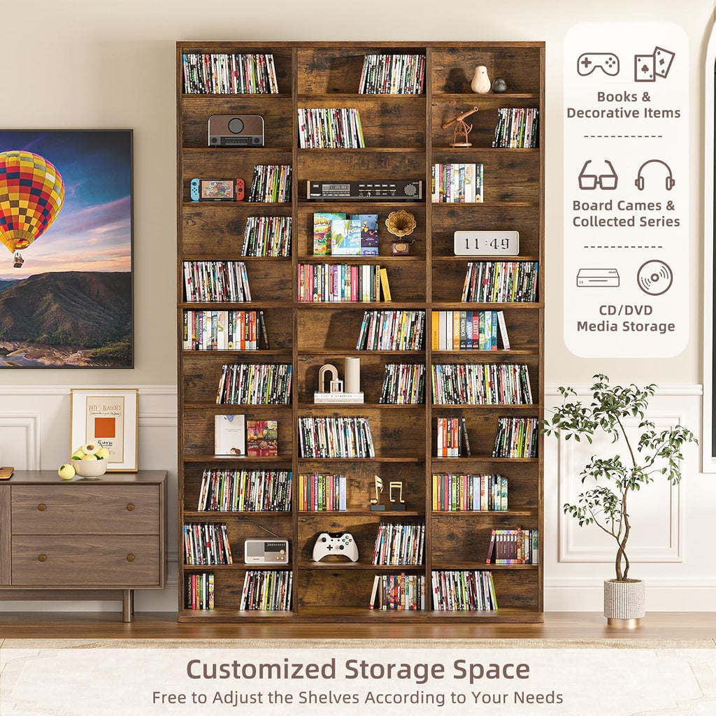 LELELINKY 11 Tier Tall Display Cabinet, Media Storage Cabinet with Adjustable Shelves, Free Standing DVD Organizer Shelf, Floor Multimedia Storage Manga Bookshelf for Living Room & Home Office, Brown