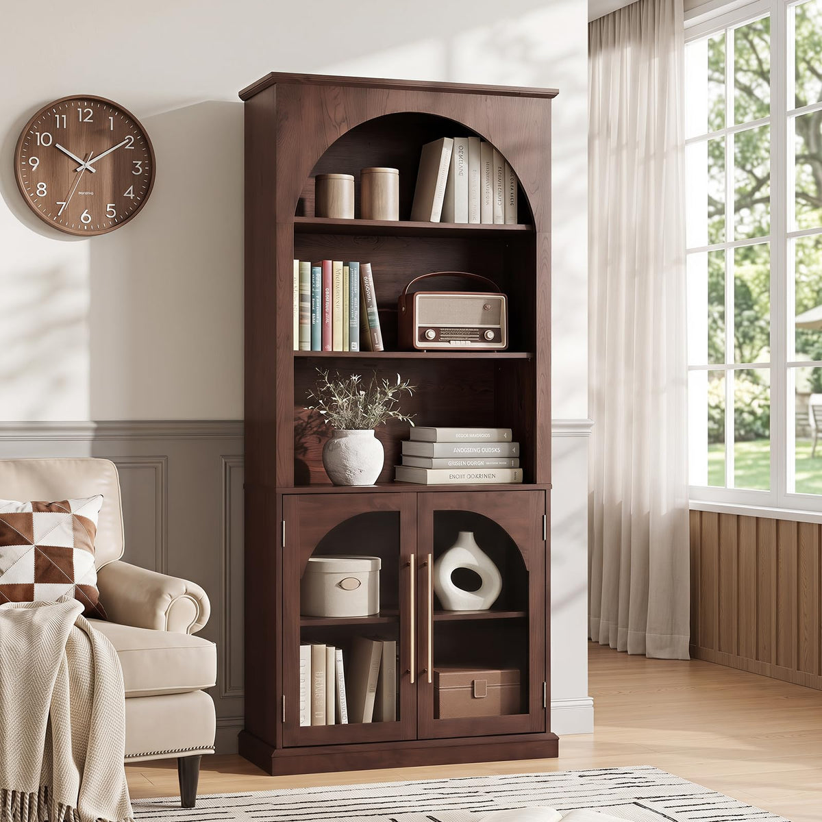 LELELINKY Arched Bookshelf with Tempered Glass Doors, 67" Tall Bookcase