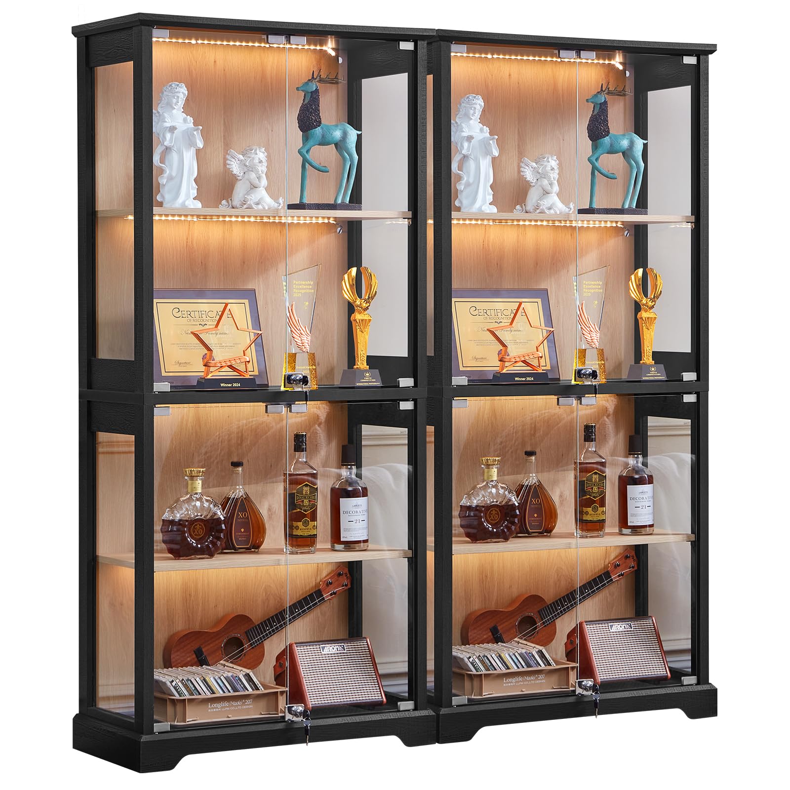 LELELINKY Farmhouse Display Cabinet with Glass Doors, Curio Cabinet with 3-Color LED Motion-Sensor Light, Walnut