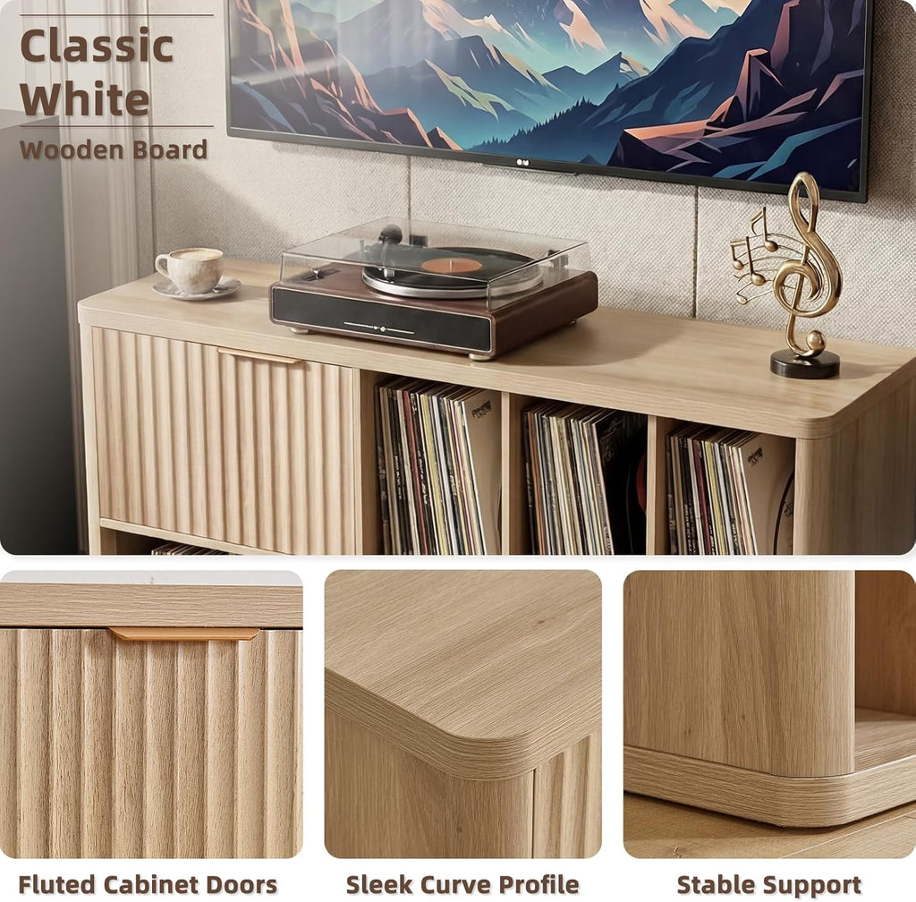 LELELINKY Large Record Player Stand - 39.5" Record Cabinet with Open Vinyl Storage Holds up to 400 Albums, Modern Vinyl Player Table with Fluted Doors, Turntable Stand for Living Room, Natural Oak