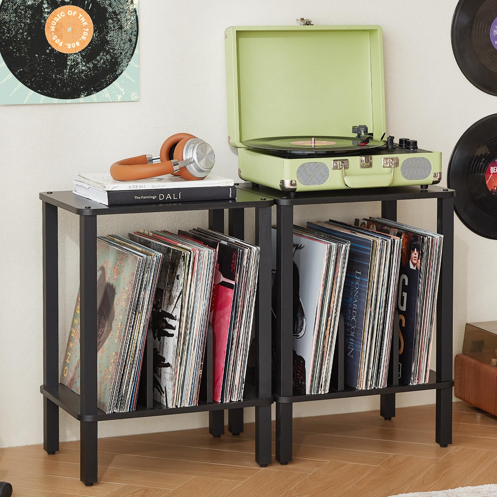 LELELINKY 2-Tier Record Player Stand with Vinyl Record Storage up to 100 Albums, Bedroom Record Holder and Multi-Functional End Table for Living Room, Brown