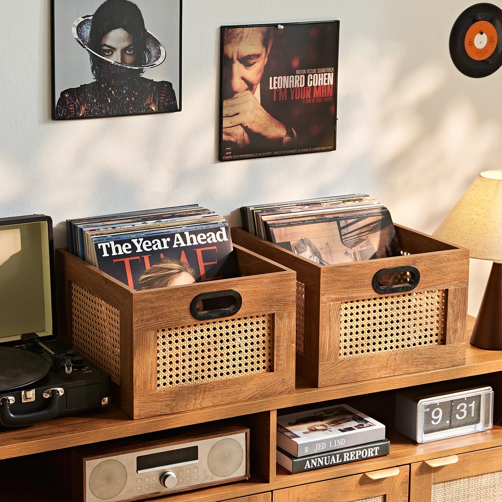 LELELINKY 2 Pack Vinyl Record Storage Crates, Rattan Vinyl Record Holder