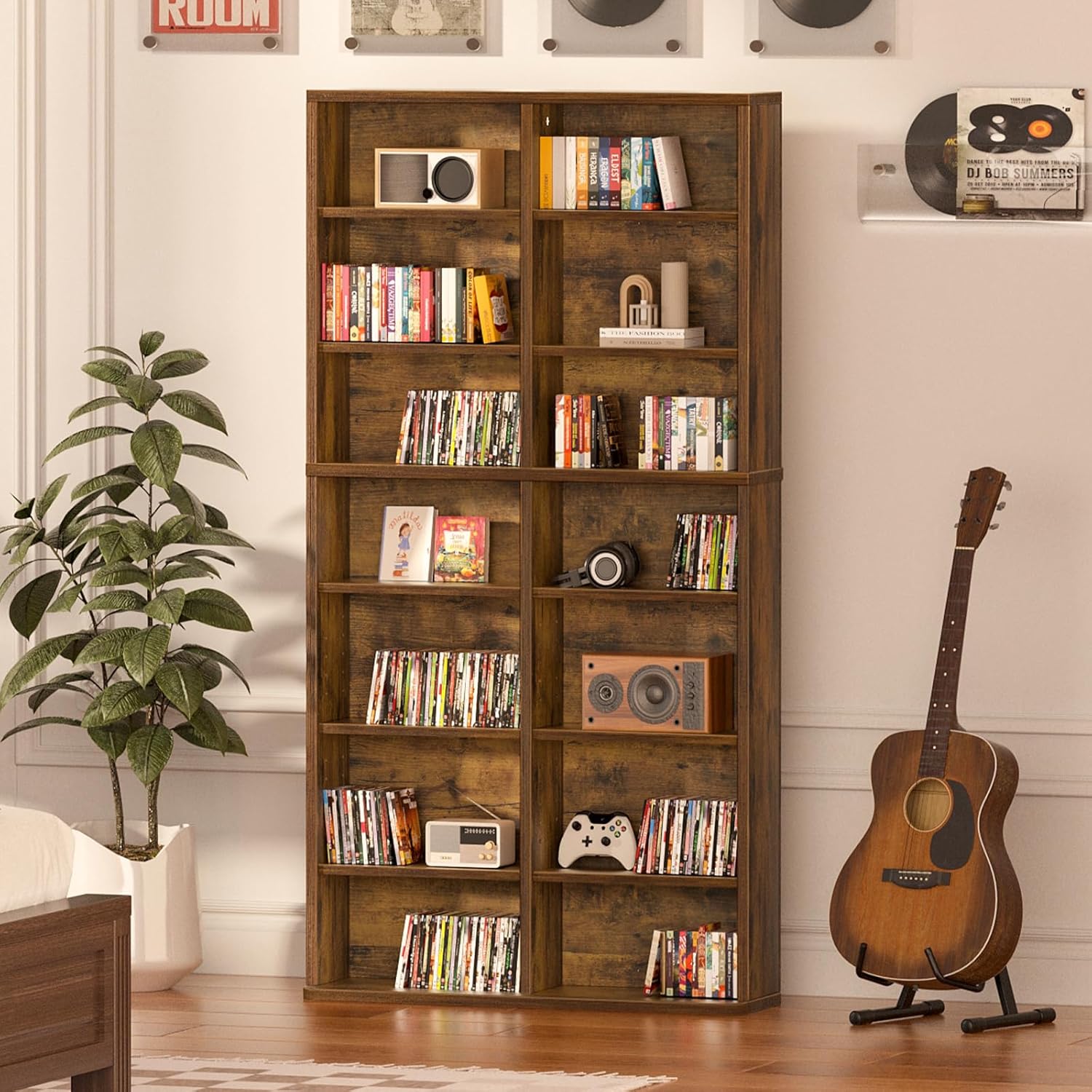 LELELINKY 7 Tier Tall Display Cabinet, Brown Media Storage Cabinet with Adjustable Shelves, Free Standing DVD Organizer Shelf, Floor Multimedia Storage Manga Bookshelf for Living Room & Home Office.