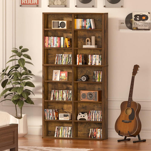 LELELINKY 7 Tier Tall Display Cabinet, Brown Media Storage Cabinet with Adjustable Shelves, Free Standing DVD Organizer Shelf, Floor Multimedia Storage Manga Bookshelf for Living Room & Home Office.