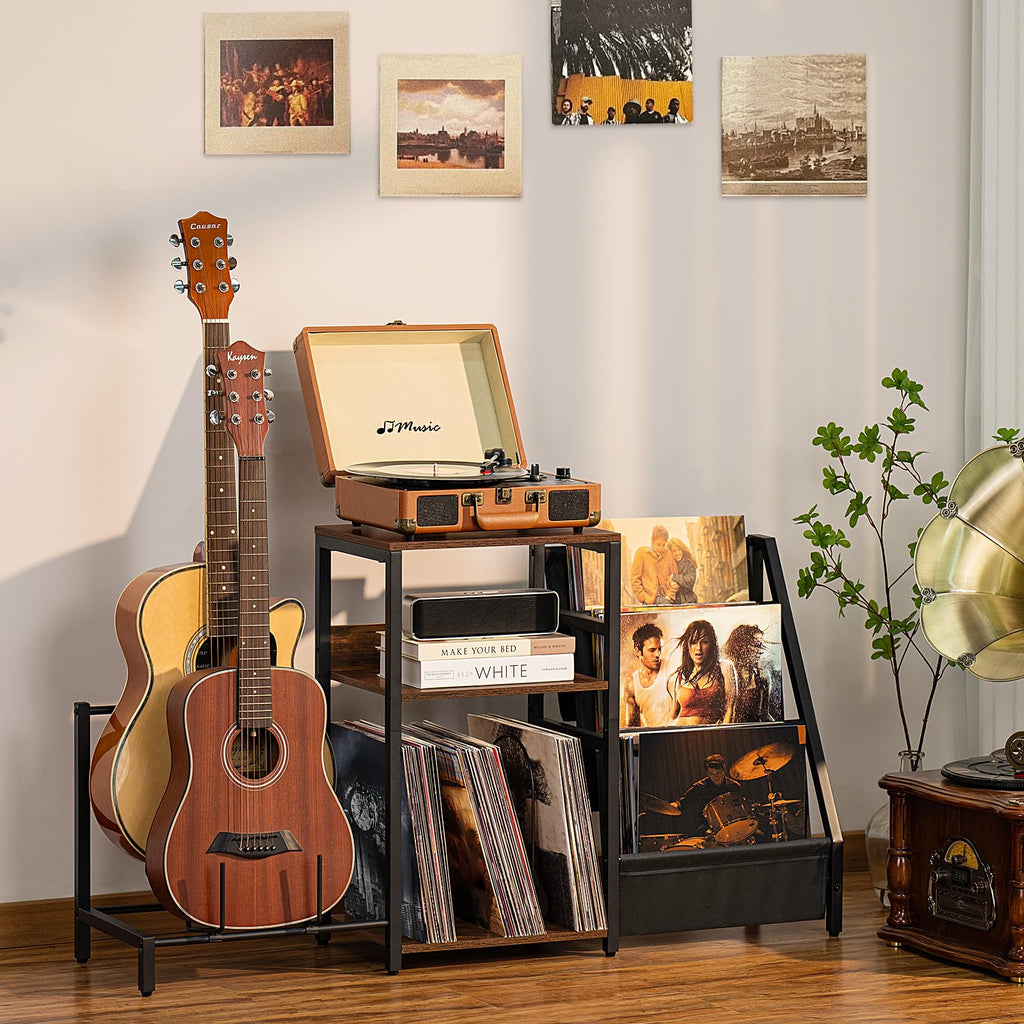 LELELINKY Record Player Stand, Black Adjustable Guitar Stand for Acoustic Guitar, Electric Guitar, Bass, Turntable Stand with Vinyl Display Shelf Storage Up to 150 Albums, End Table for Music Room