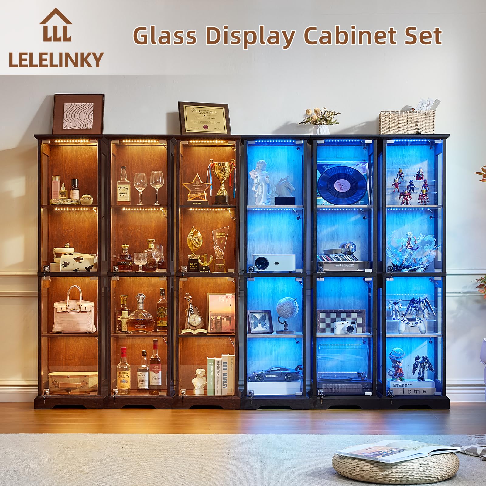 LELELINKY Farmhouse Narrow Glass Display Cabinet with Doors & Lock, Walnut
