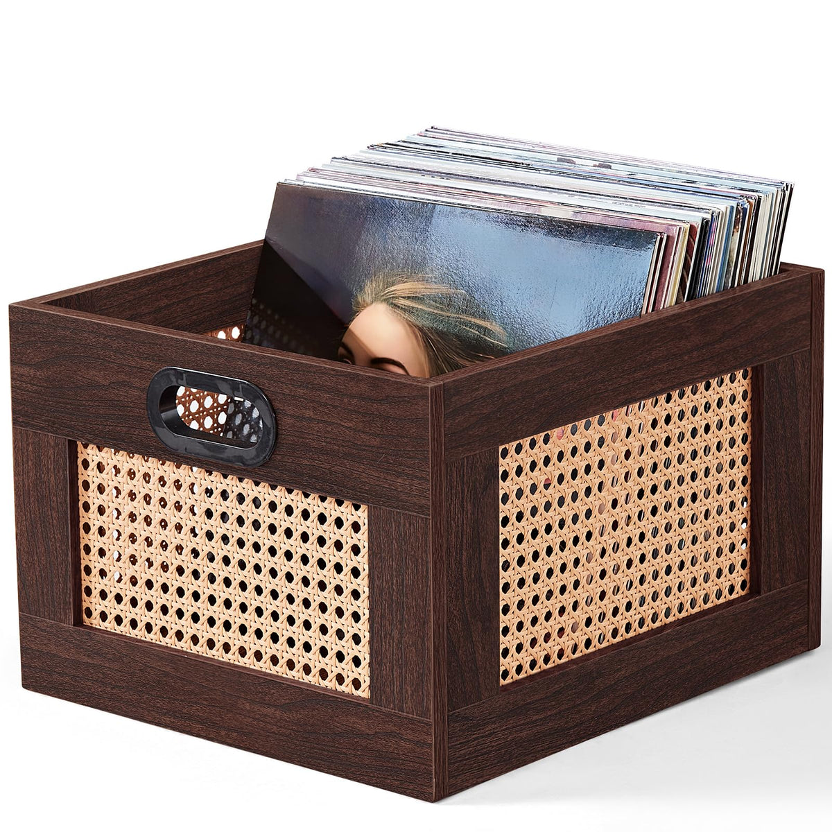LELELINKY 2 Pack Vinyl Record Storage Crates, Rattan Vinyl Record Holder