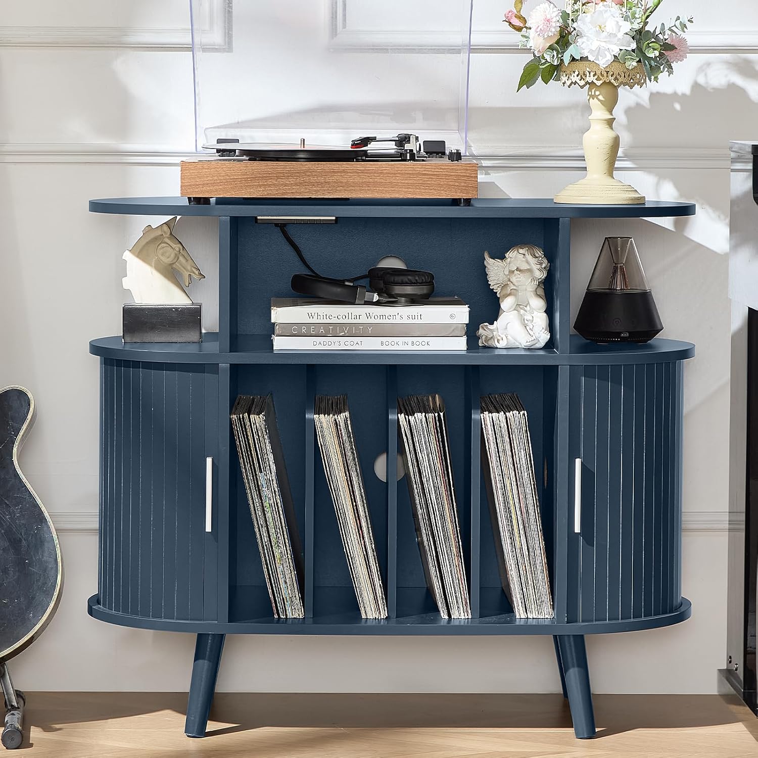 LELELINKY Large Round Record Player Stand with Charging Station & Fluted Display Shelf, Blue Mid Century Modern Turntable Cabinet with Vinyl Storage, Arched Wood Record Player Table for Living Room