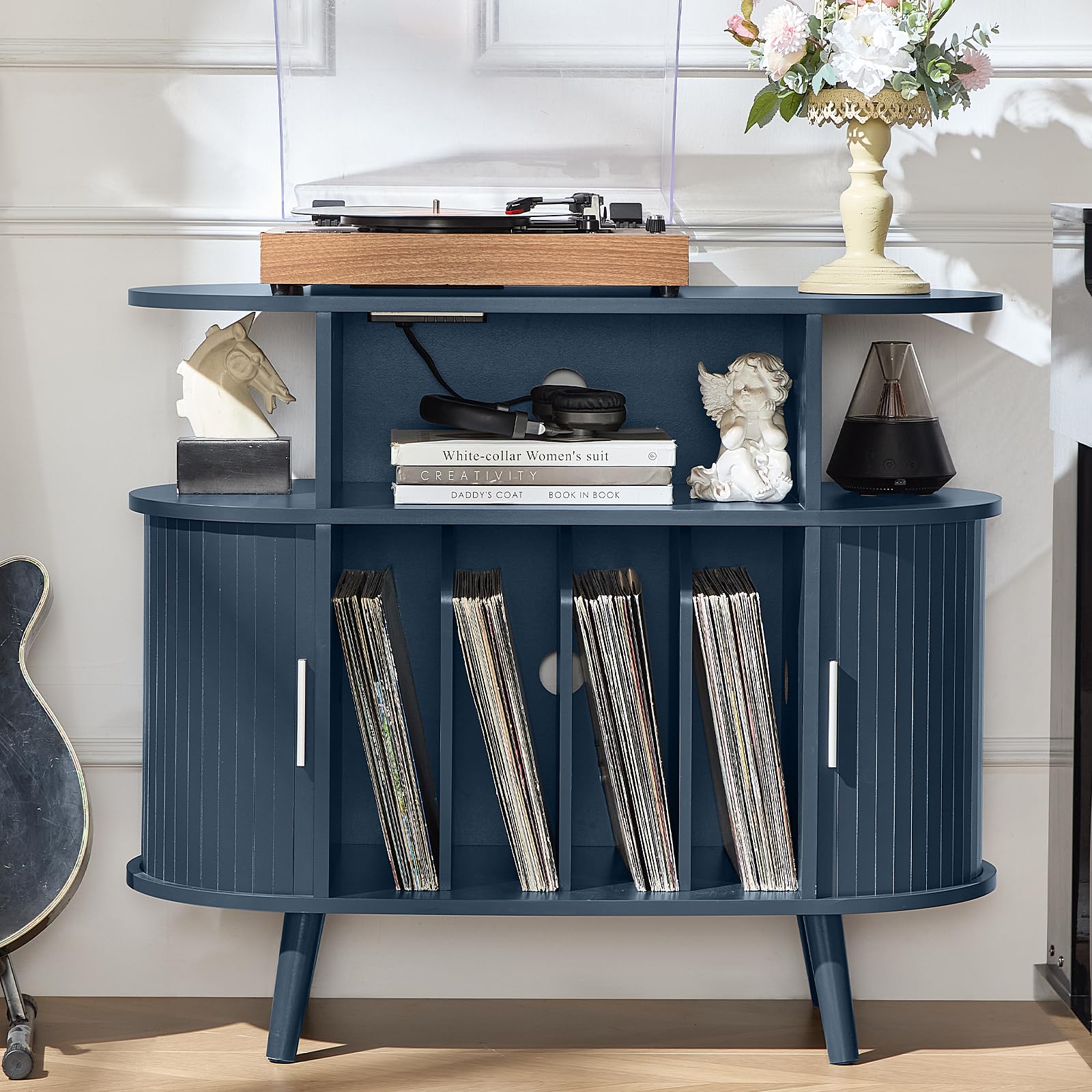 LELELINKY Large Round Record Player Stand with Charging Station & Fluted Display Shelf, Black Mid Century Modern Turntable Cabinet with Vinyl Storage, Arched Wood Record Player Table for Living Room