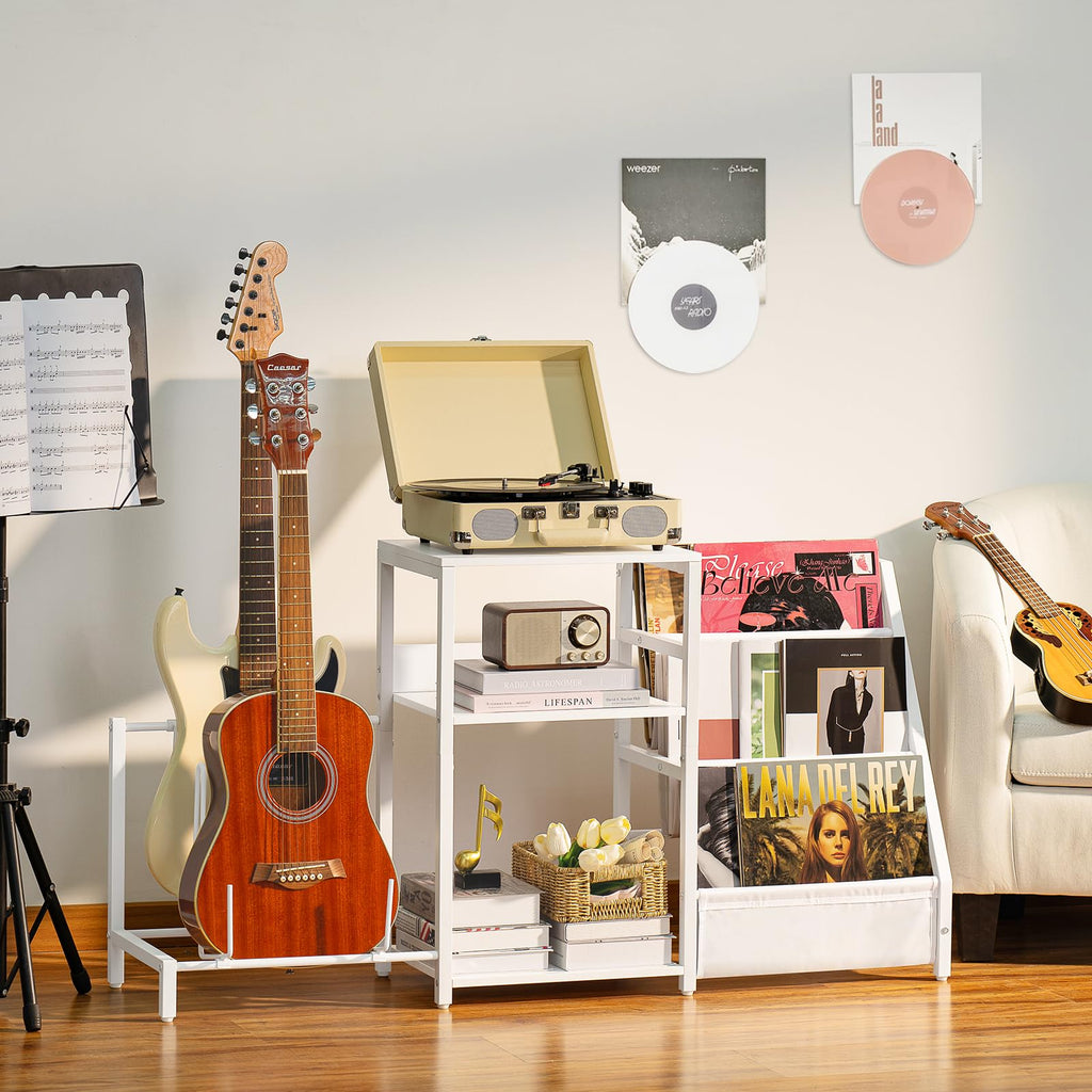 LELELINKY Record Player Stand, Black Adjustable Guitar Stand for Acoustic Guitar, Electric Guitar, Bass, Turntable Stand with Vinyl Display Shelf Storage Up to 150 Albums, End Table for Music Room
