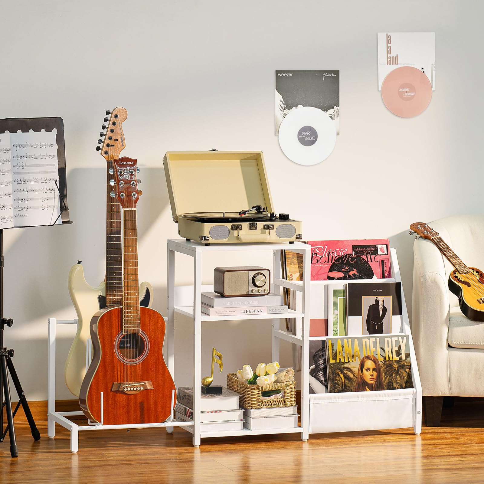 LELELINKY Record Player Stand, Black Adjustable Guitar Stand for Acoustic Guitar, Electric Guitar, Bass, Turntable Stand with Vinyl Display Shelf Storage Up to 150 Albums, End Table for Music Room