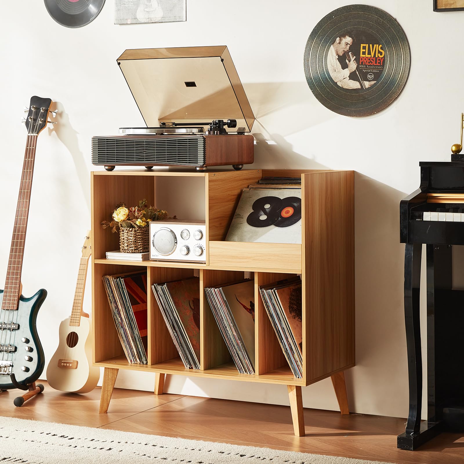 LELELINKY Large Record Player Stand, Turntable Stand with Storage, Vinyl Record Holder with Display Area, Record Player Table Holds Up to 300 Albums, Record Stand for Music Room Living Room-Brown