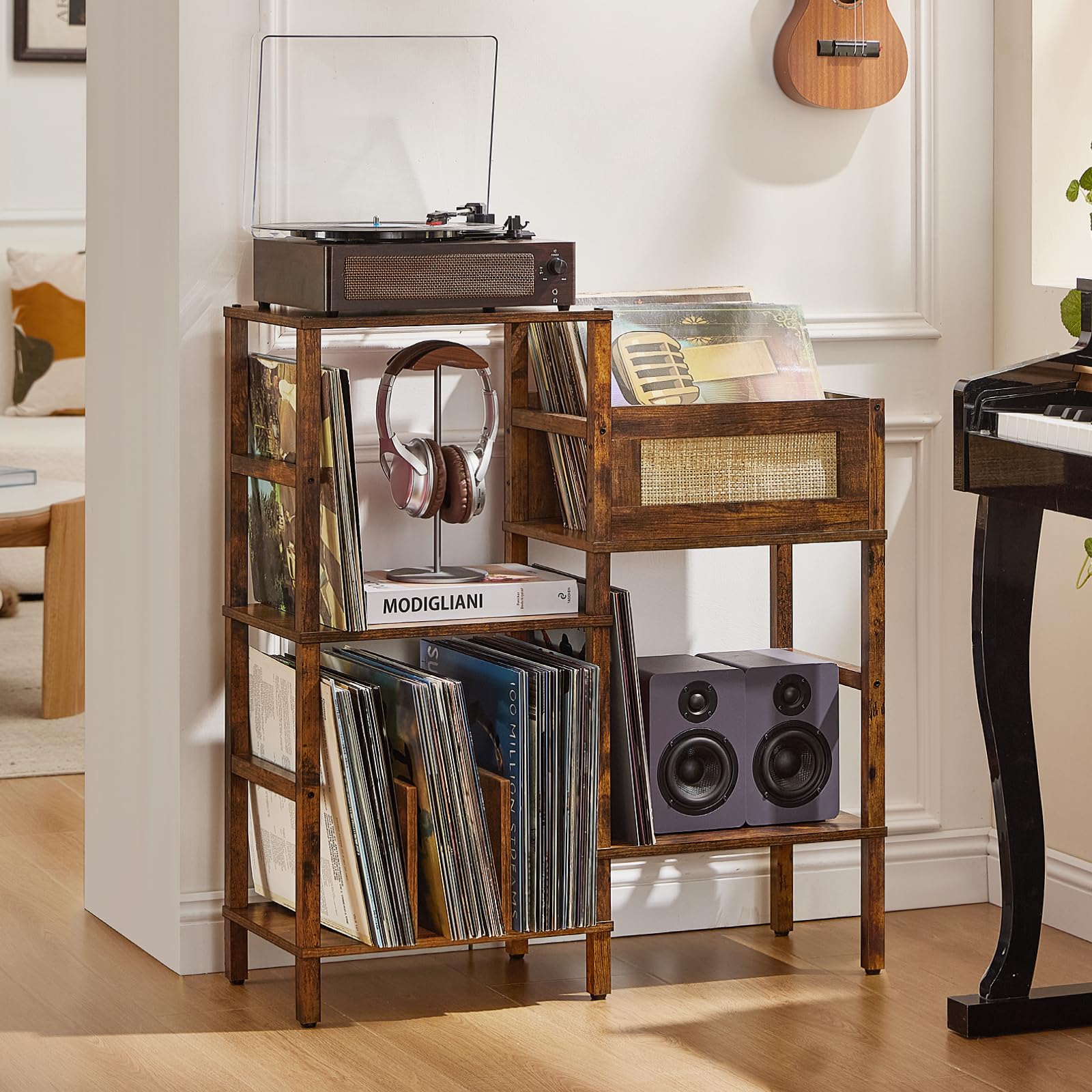 LELELINKY Record Player Stand, Vintage Walnut Wood Record Holder with Vinyl Storage Holds up to 300+ Albums, 3-Tier Rattan Media Table with Vinyl Display Shelf, Record Storage Cabinet for Living Room