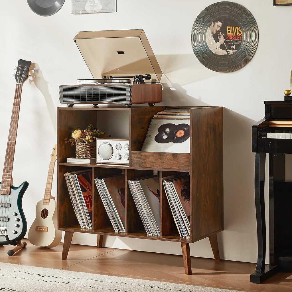LELELINKY Large Record Player Stand, Turntable Stand with Storage, Vinyl Record Holder with Display Area, Record Player Table Holds Up to 300 Albums, Record Stand for Music Room Living Room-Brown