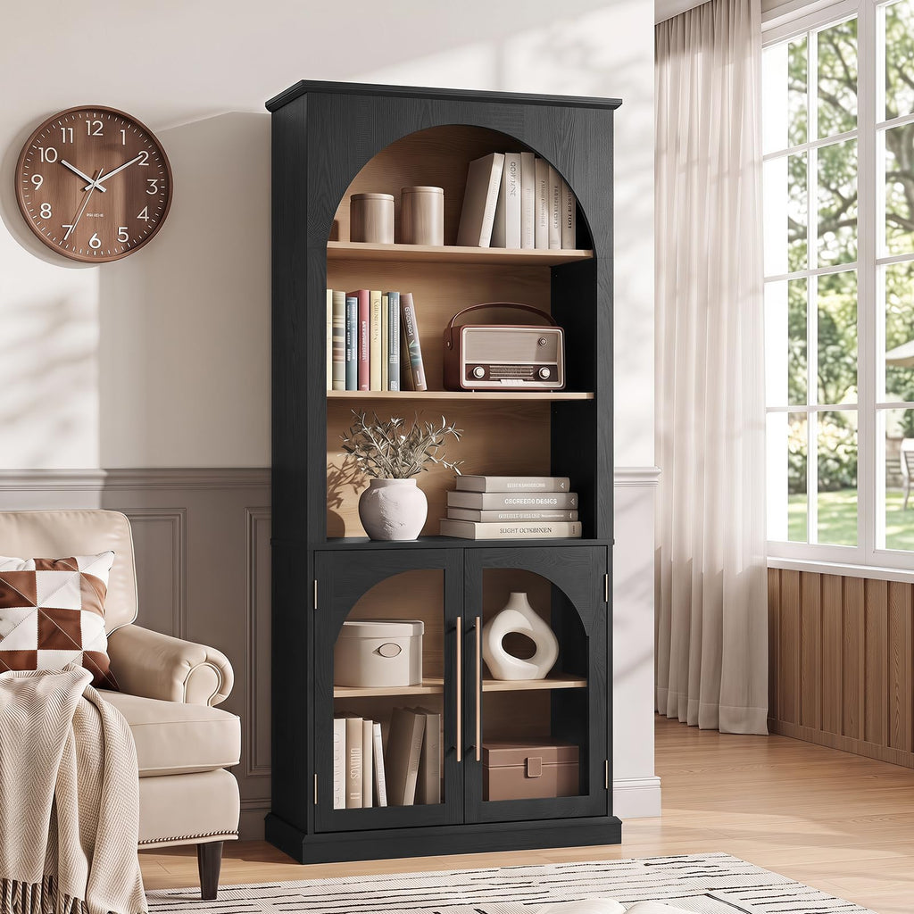 LELELINKY Arched Bookshelf with Tempered Glass Doors, 67" Tall Bookcase