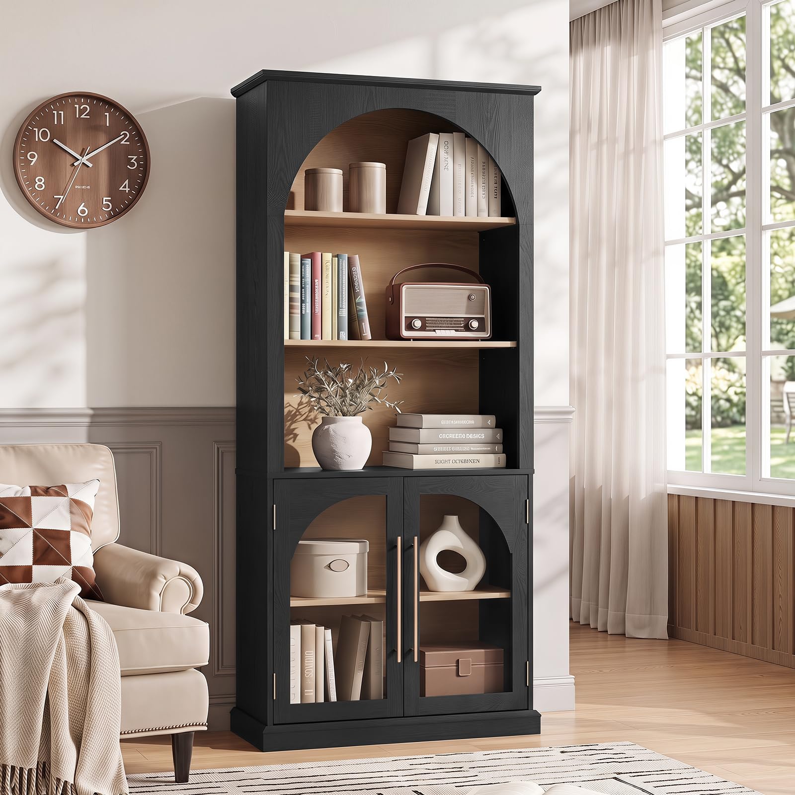 LELELINKY Arched Bookshelf with Tempered Glass Doors, 67" Tall Bookcase