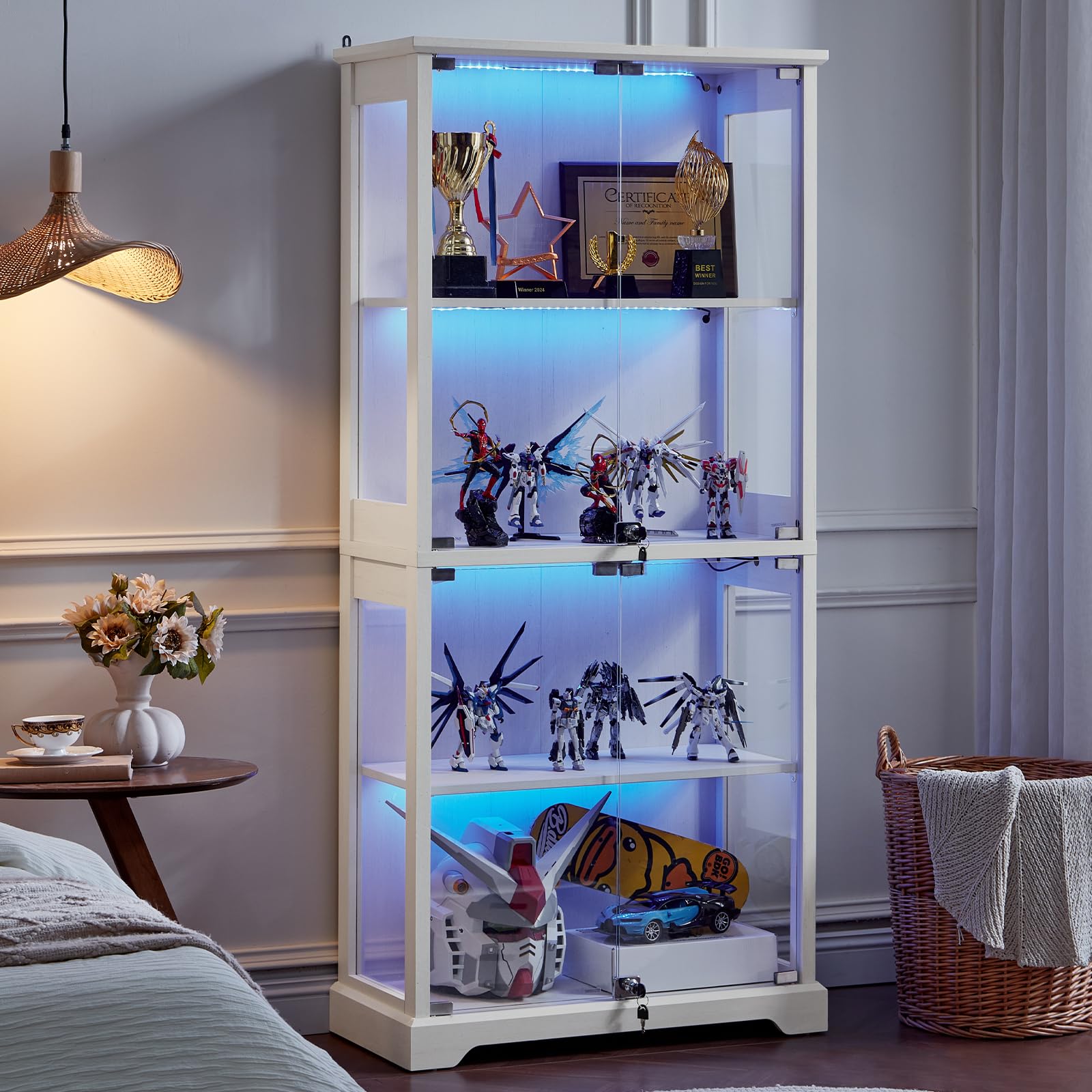 LELELINKY Farmhouse Display Cabinet with Glass Doors, Curio Cabinet with 3-Color LED Motion-Sensor Light, Walnut