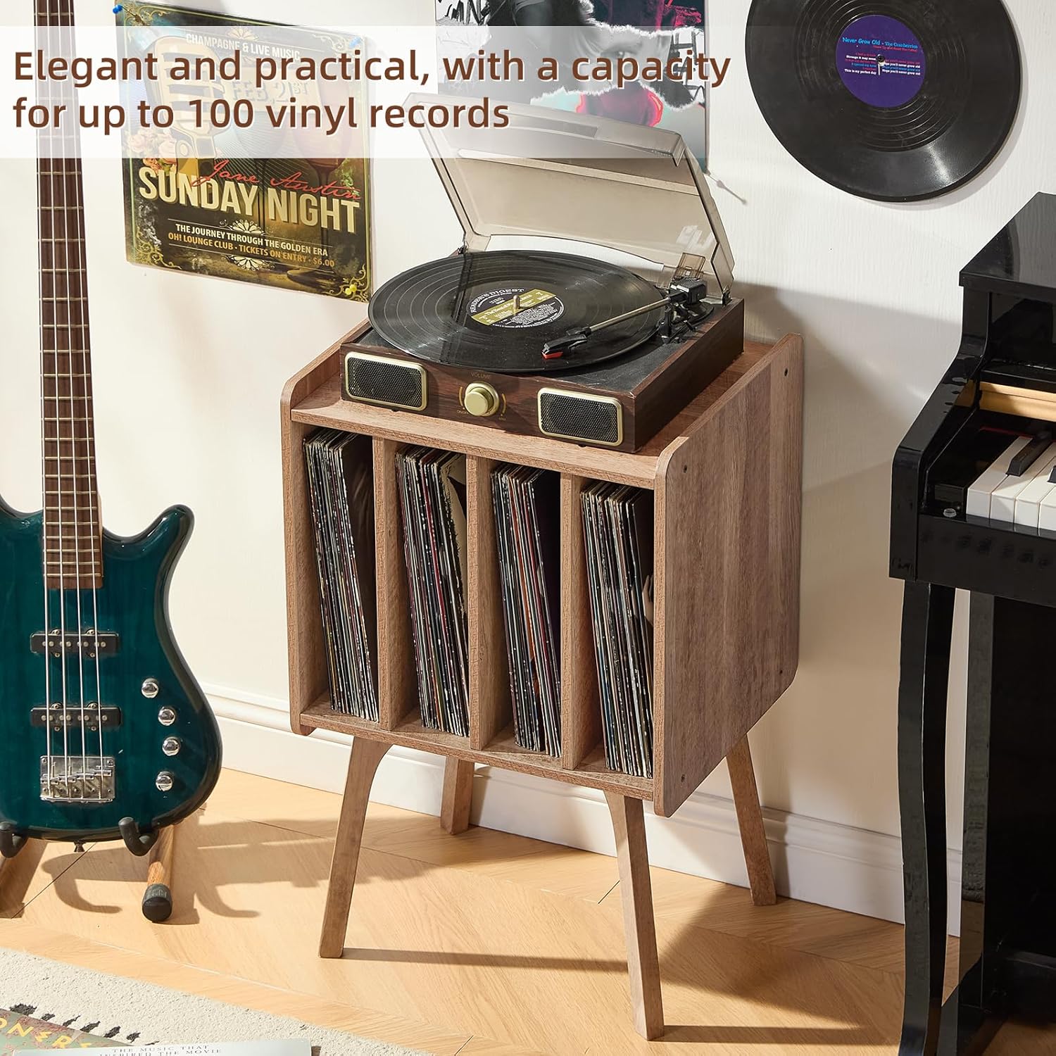 LELELINKY Record Player Stand,Vinyl Record Storage Table with 4 Cabinet Up to 100 Albums,Mid-Century Modern Turntable Stand with Wood Legs,Oak Grey Vinyl Holder Display Shelf for Bedroom Living Room