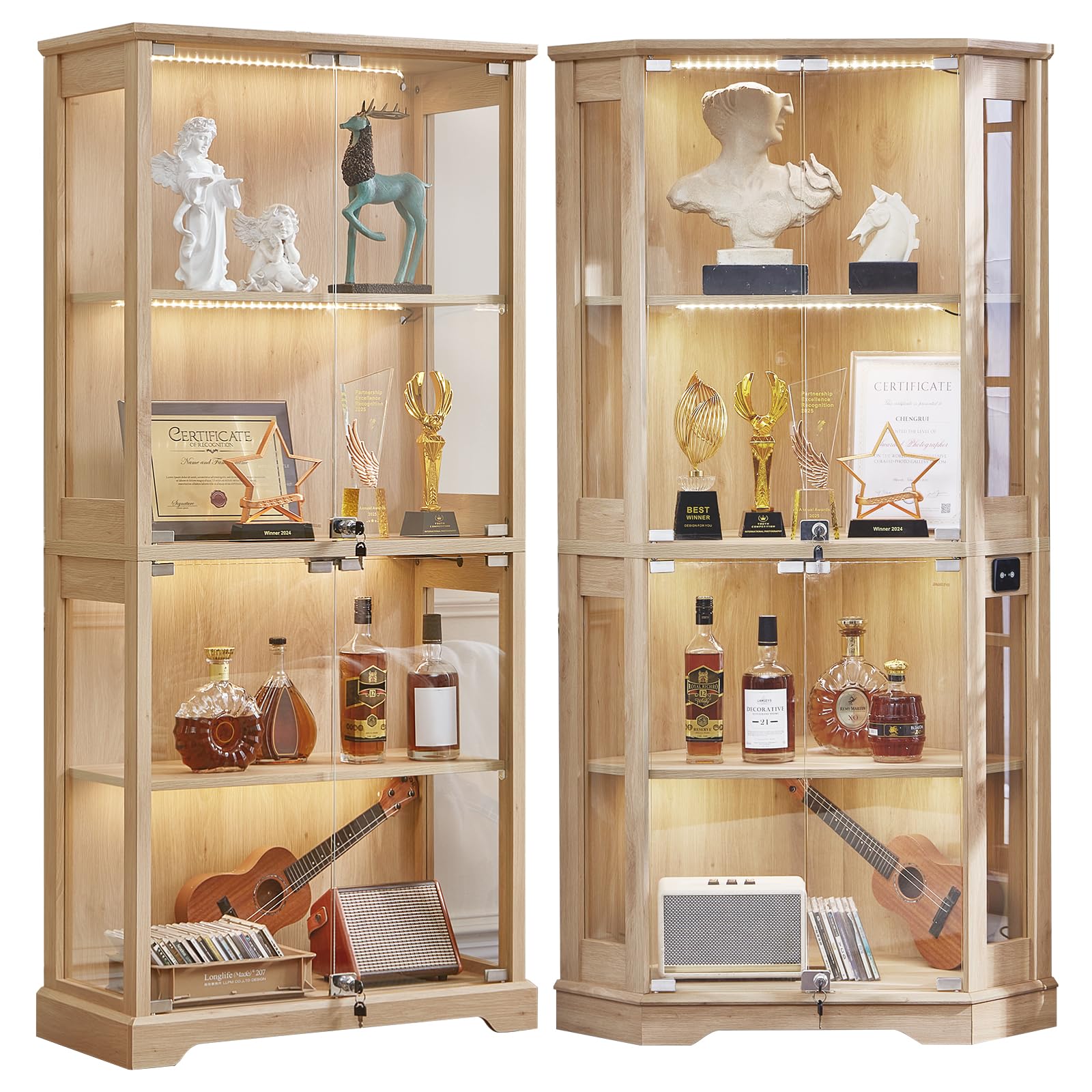LELELINKY Farmhouse Corner Display Cabinet with Glass Doors, Corner Curio Cabinet with 3-Color LED Motion-Sensor Light, Walnut