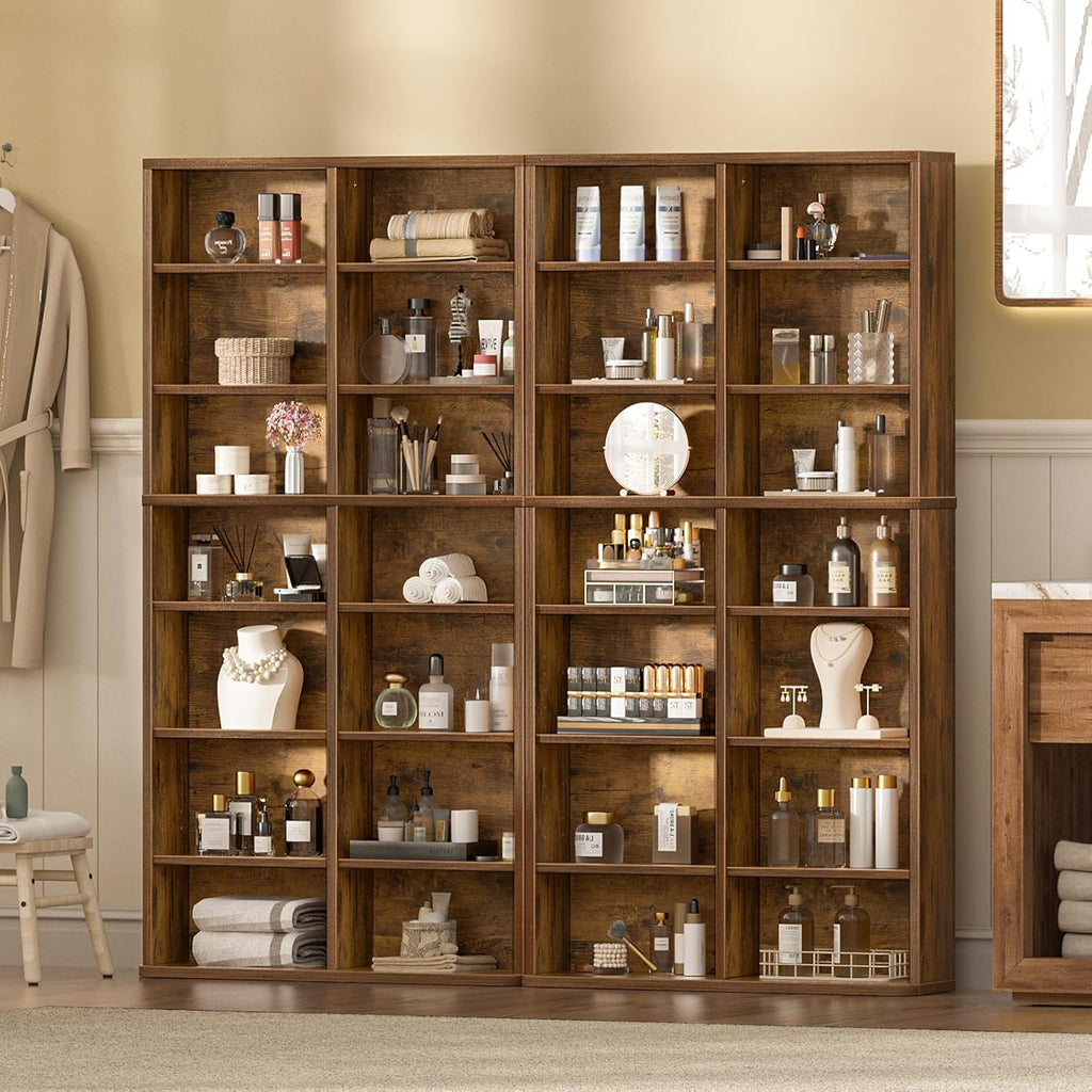 LELELINKY 7 Tier Tall Display Cabinet, Brown Media Storage Cabinet with Adjustable Shelves, Free Standing DVD Organizer Shelf, Floor Multimedia Storage Manga Bookshelf for Living Room & Home Office.