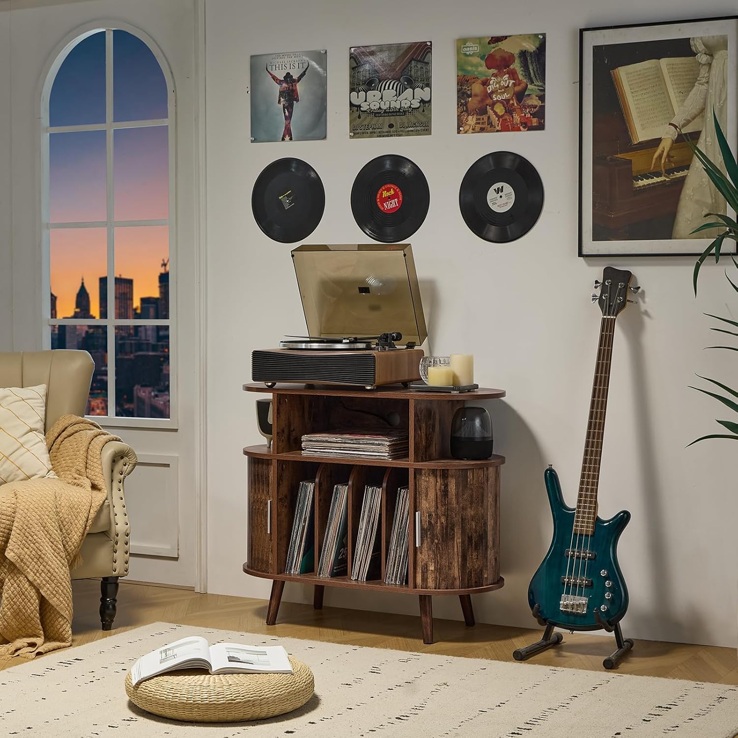 LELELINKY Large Arched Record Player Stand with Charging Station & Fluted Display Shelf,Mid Century Modern Turntable Cabinet with Vinyl Storage,Round Wood Record Player Table for Living Room,Brown